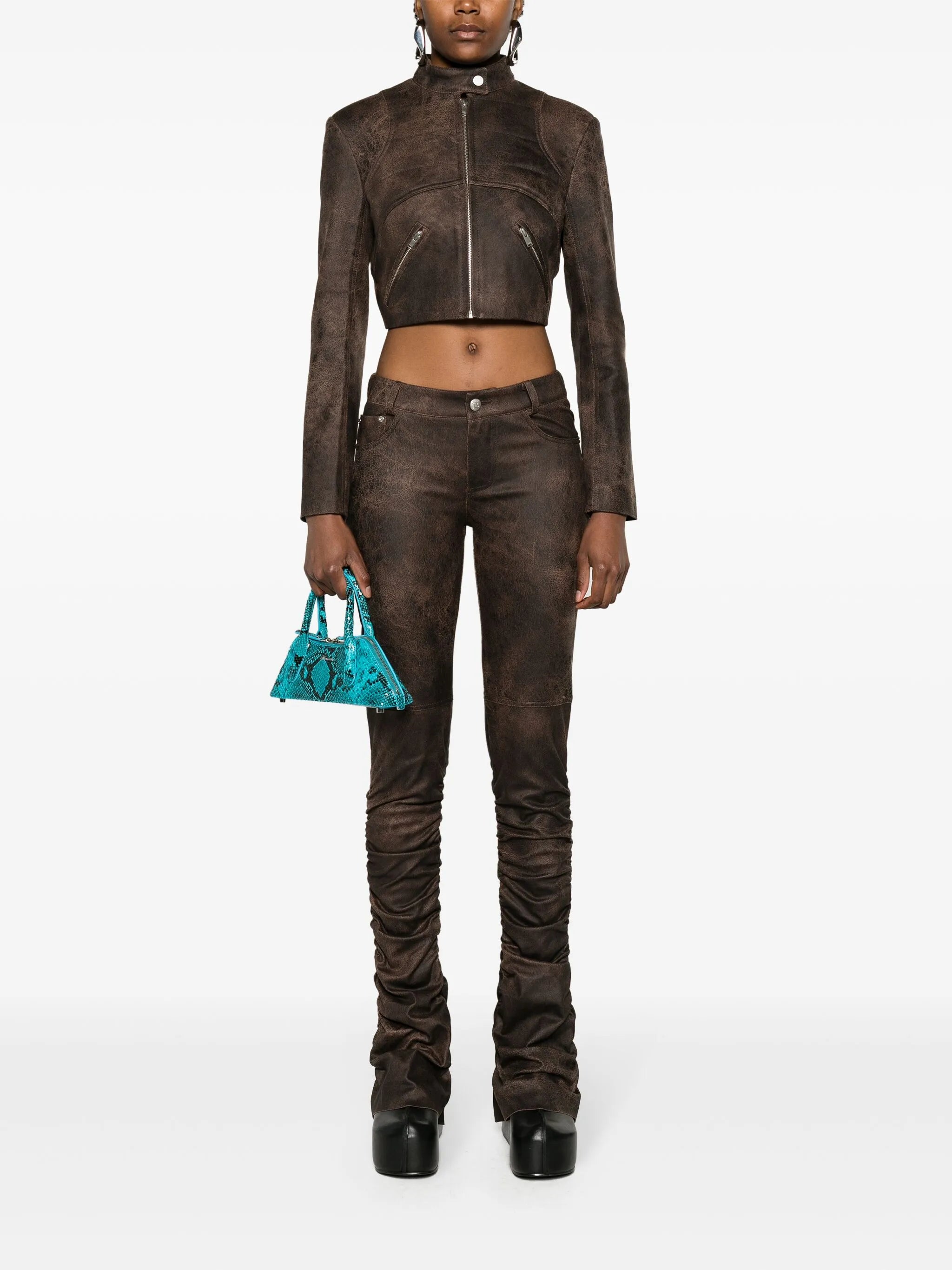 cracked cropped faux-leather jacket