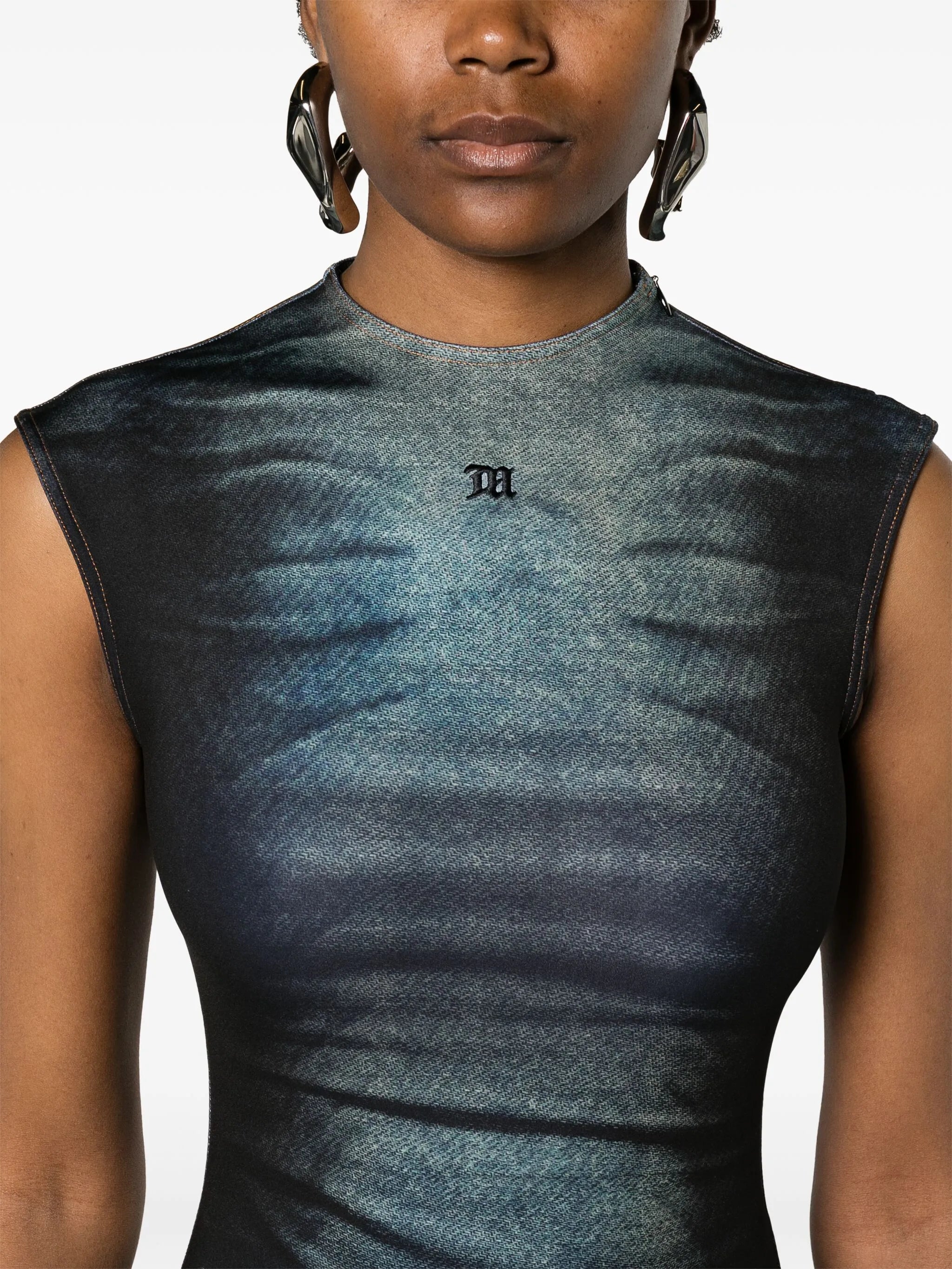 denim-print sleeveless maxi dress