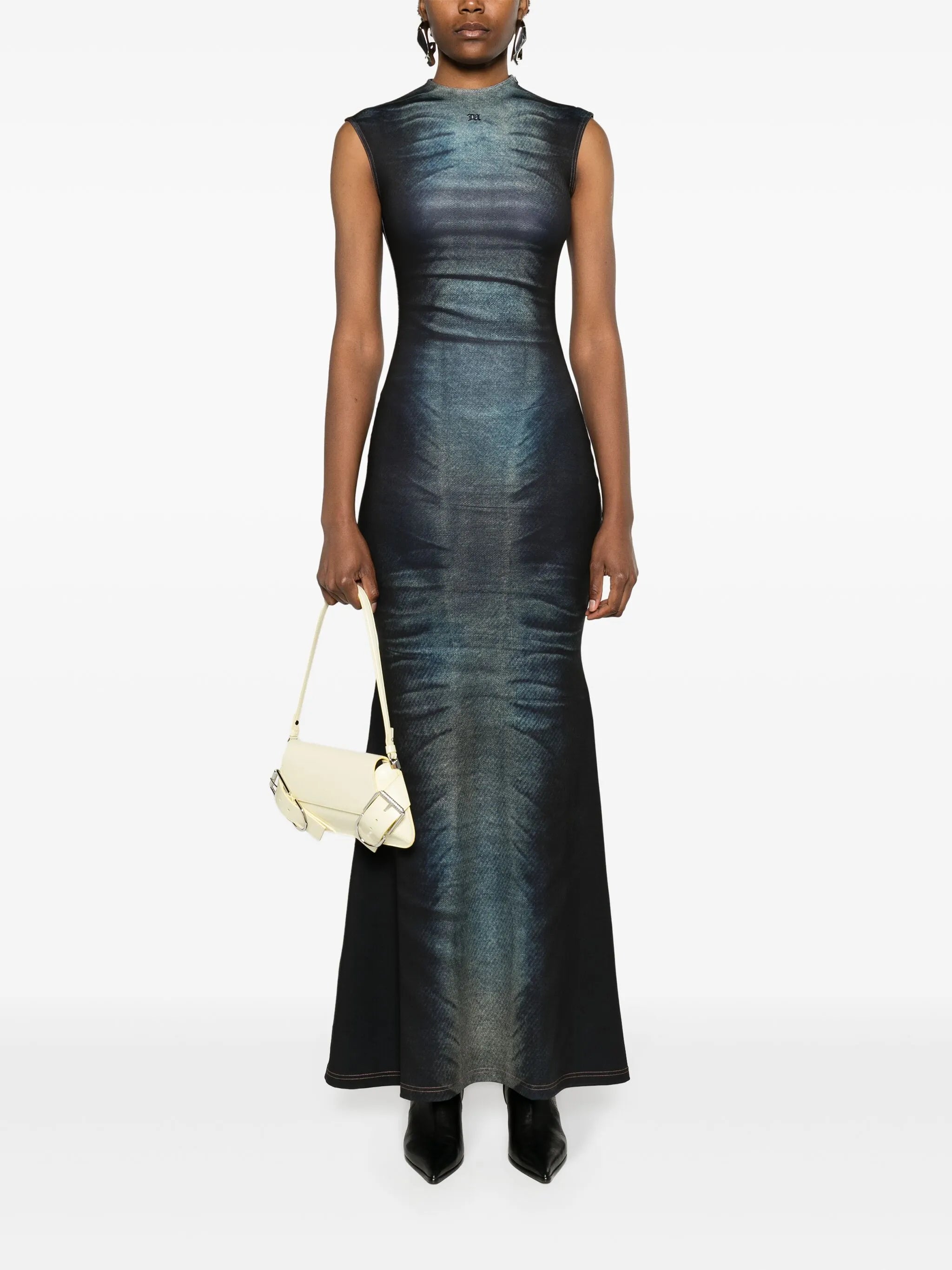 denim-print sleeveless maxi dress