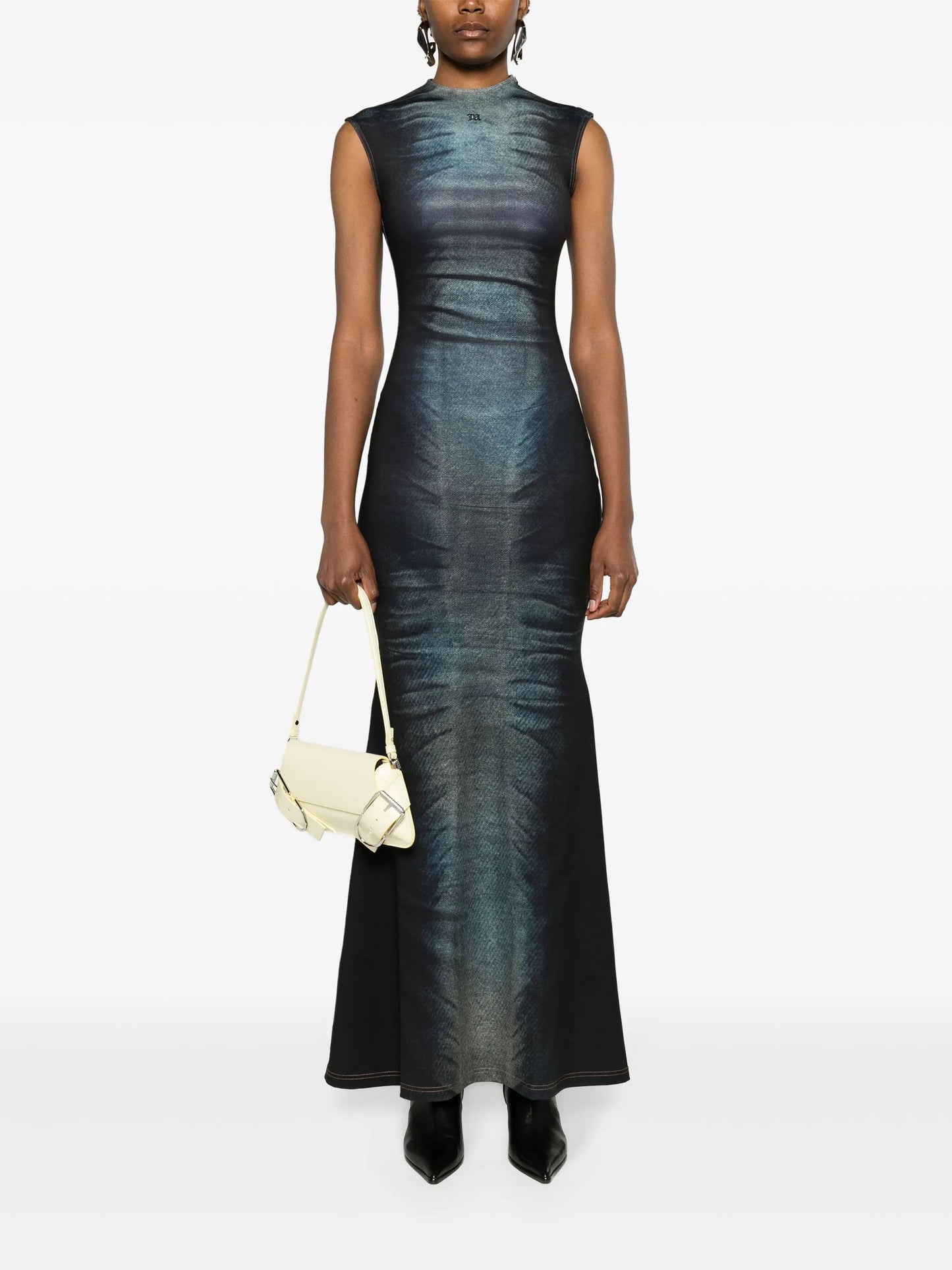 denim-print sleeveless maxi dress