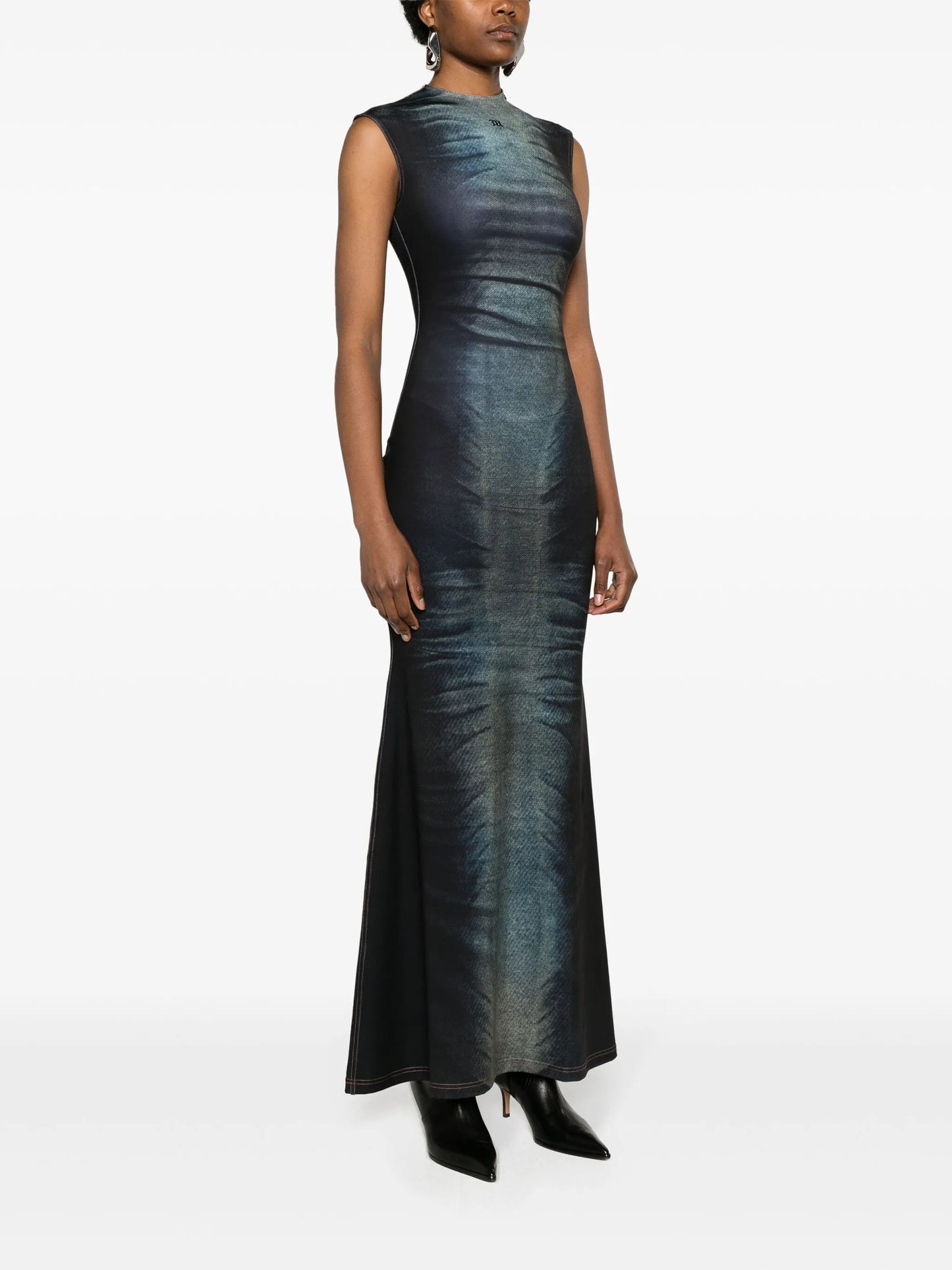 denim-print sleeveless maxi dress