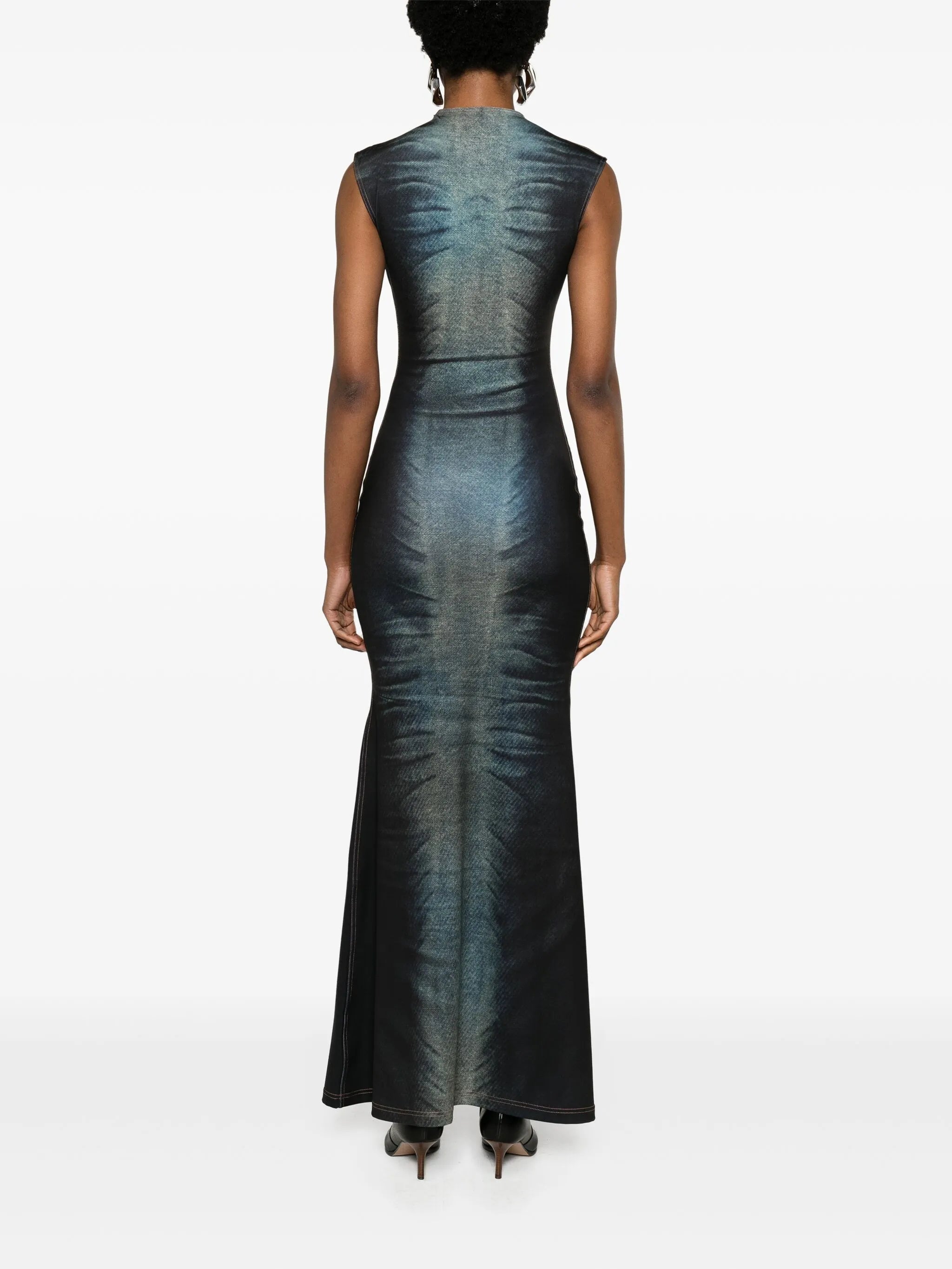 denim-print sleeveless maxi dress