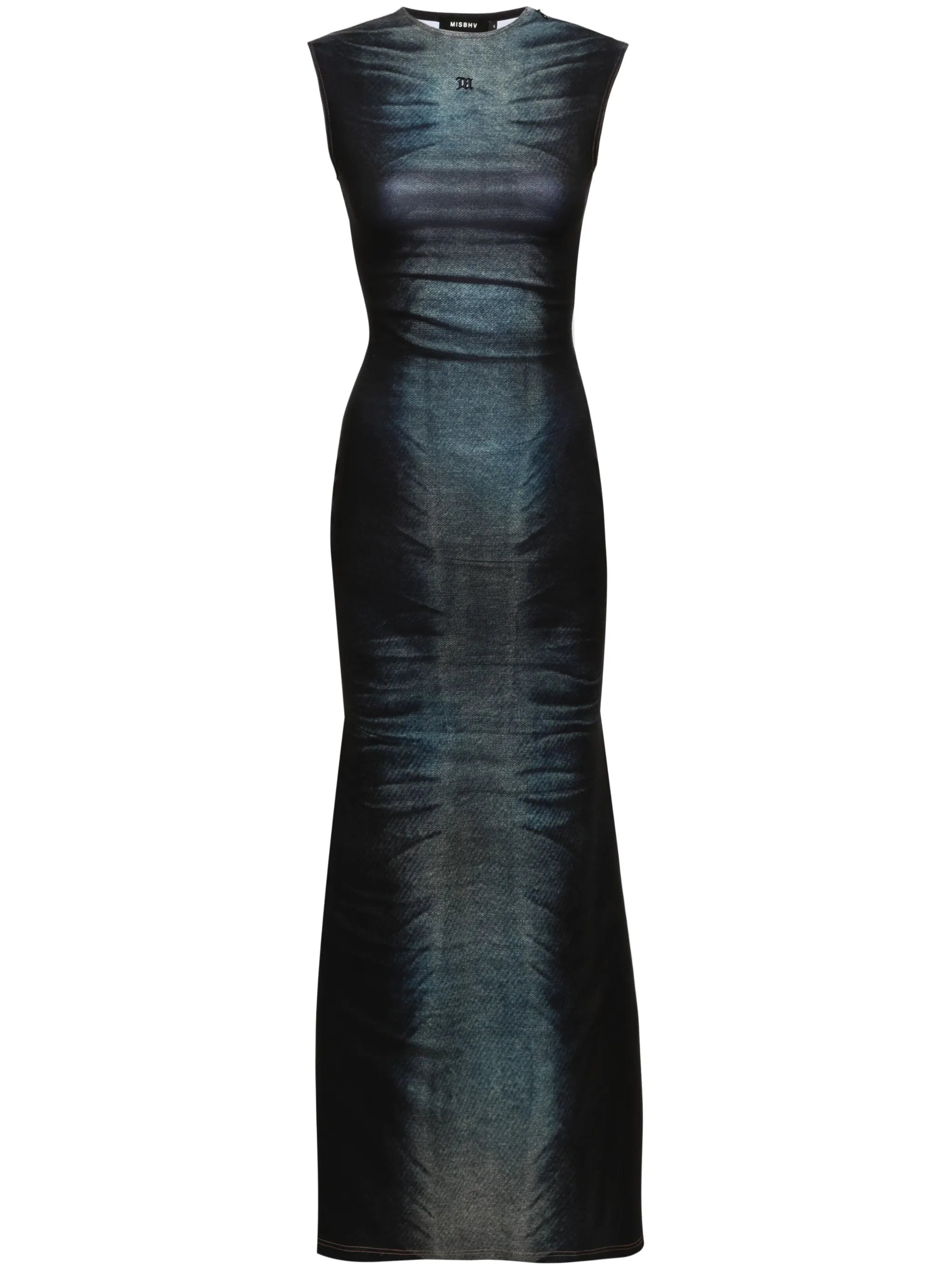 denim-print sleeveless maxi dress
