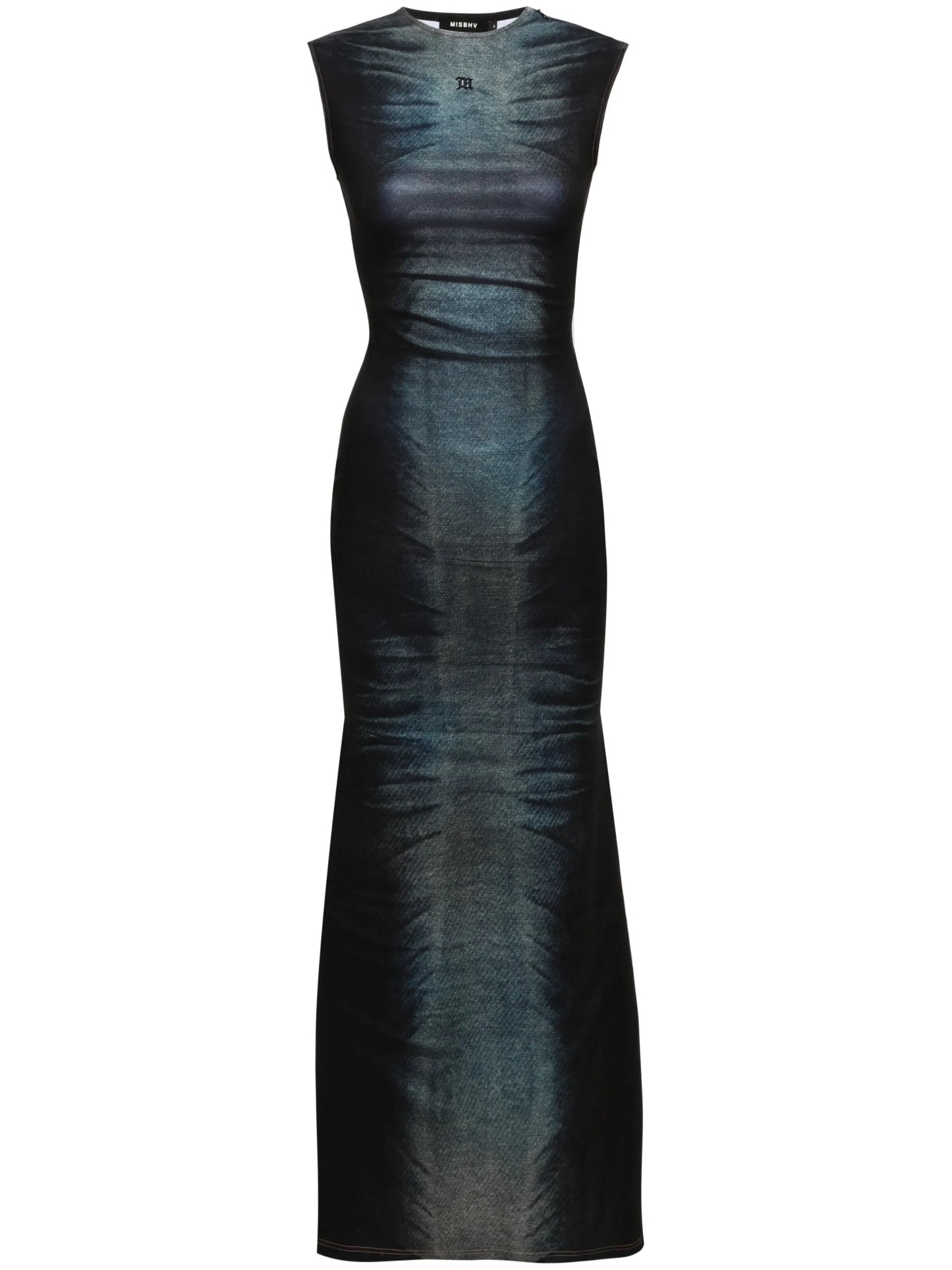 denim-print sleeveless maxi dress