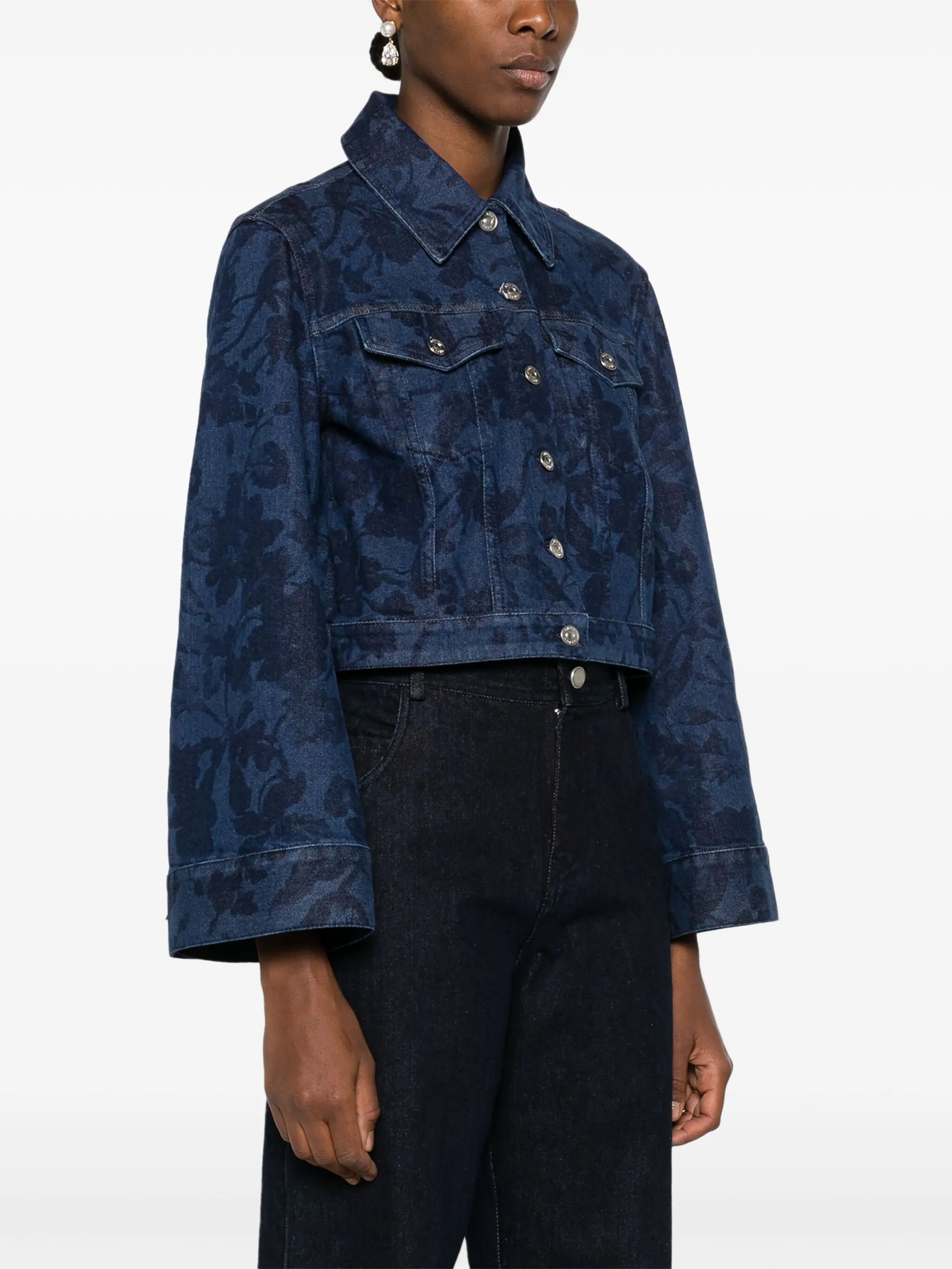 cropped floral-print denim jacket
