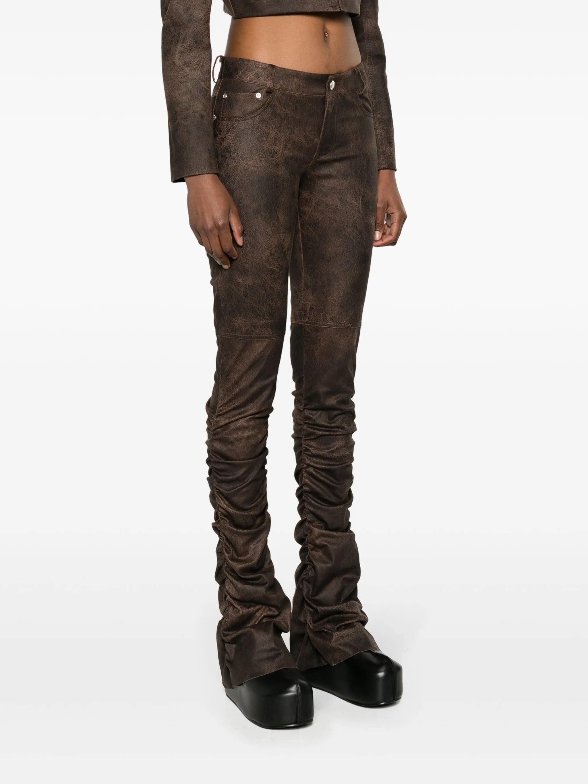 cracked-effect ruched trousers