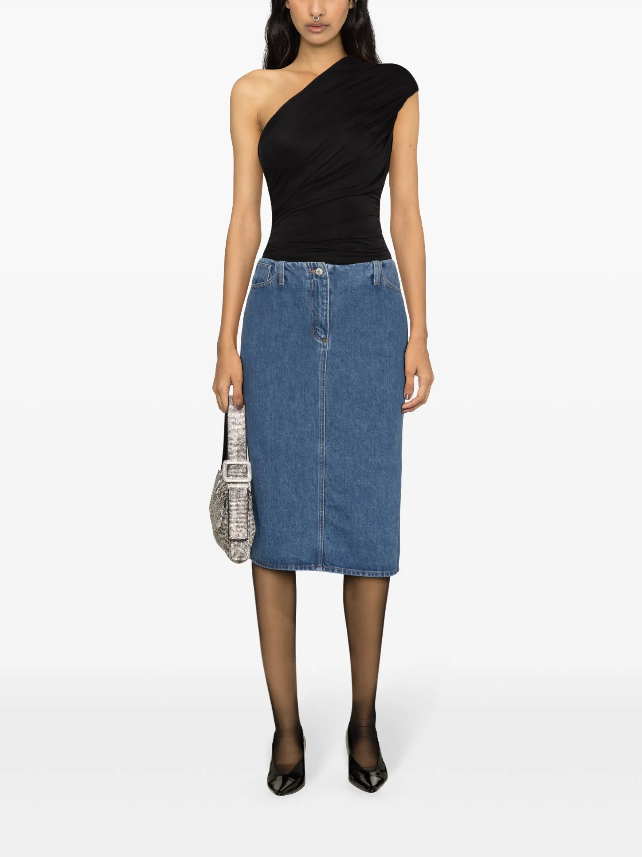 engraved-logo denim pencil skirt
