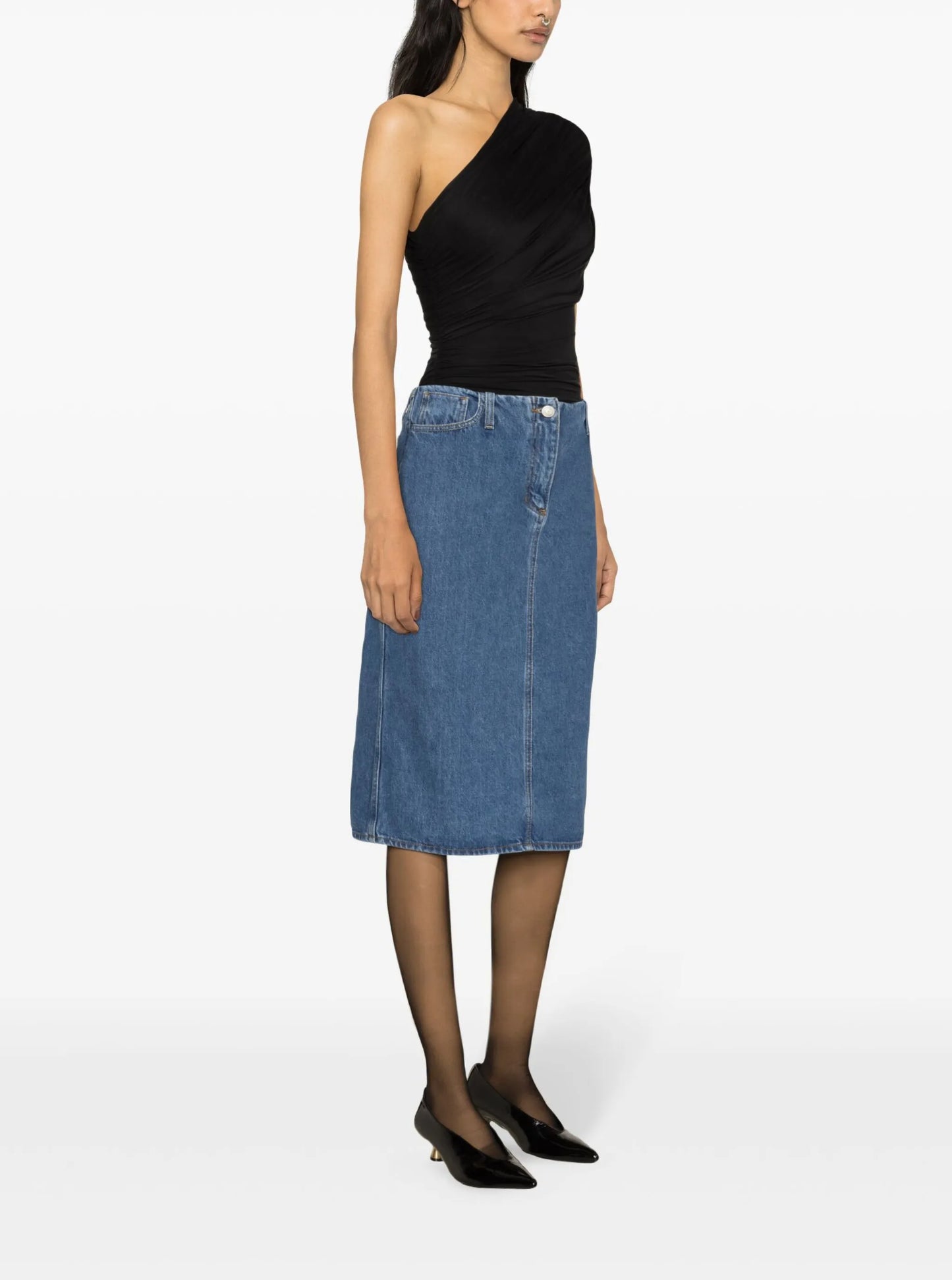 engraved-logo denim pencil skirt