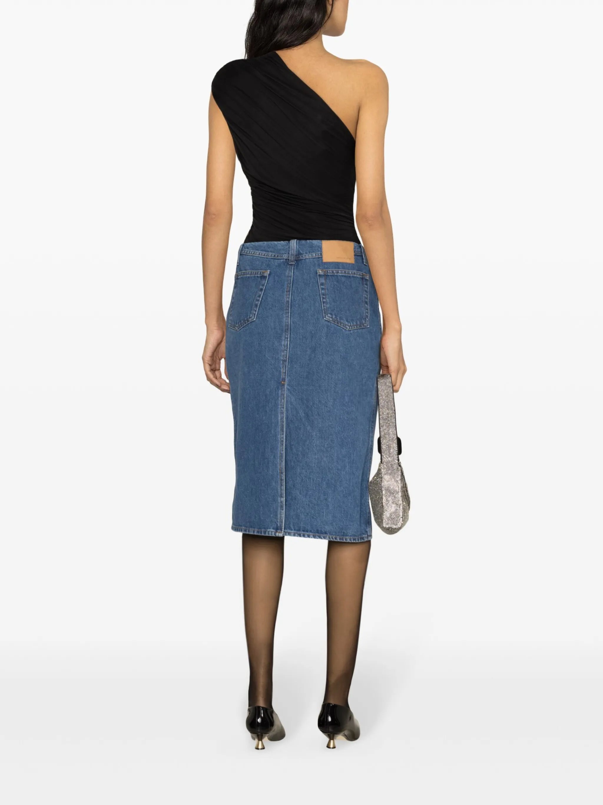 engraved-logo denim pencil skirt