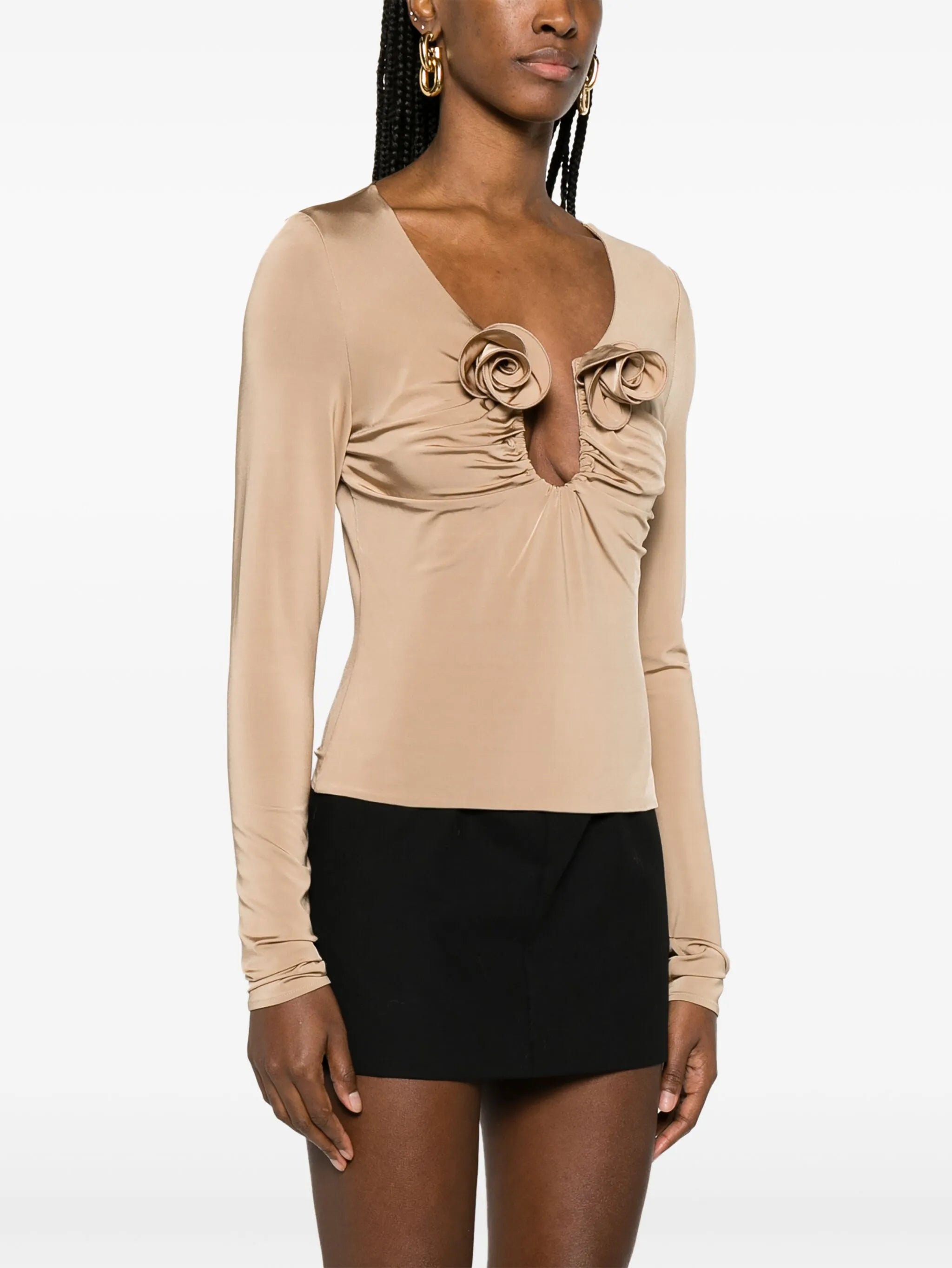 floral-appliqué gathered blouse