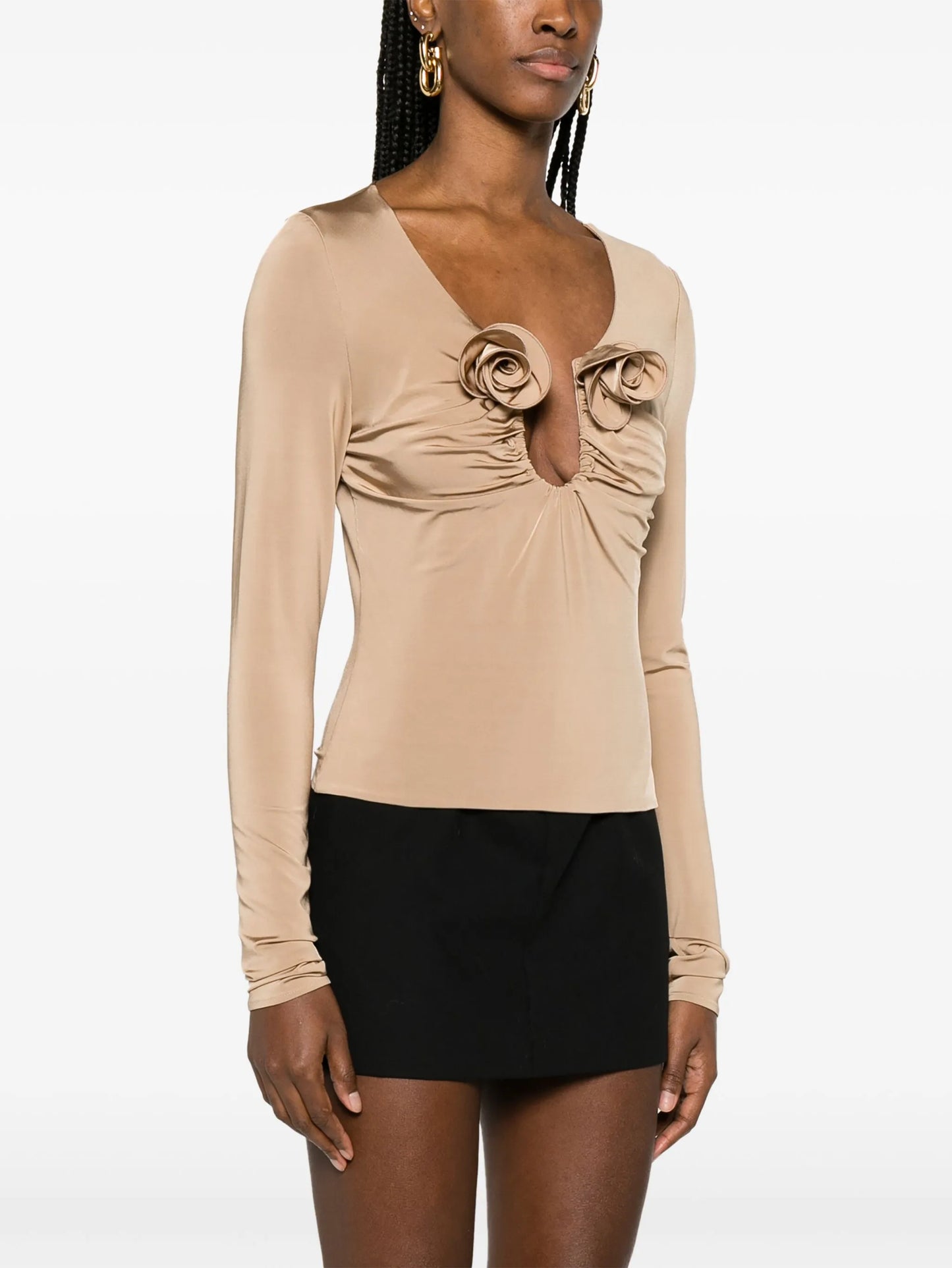 floral-appliqué gathered blouse