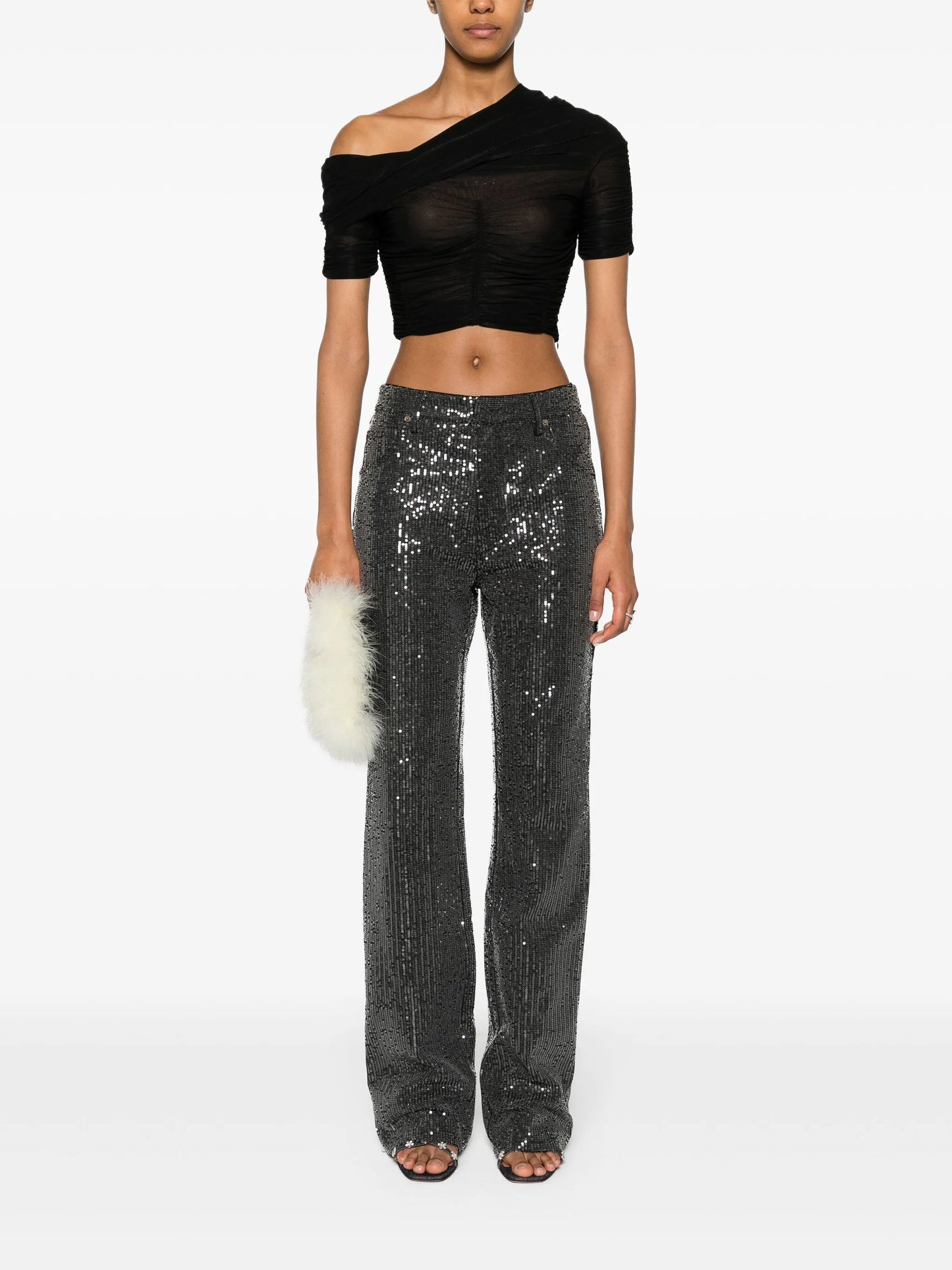 high-waisted sequin-embellished jeans