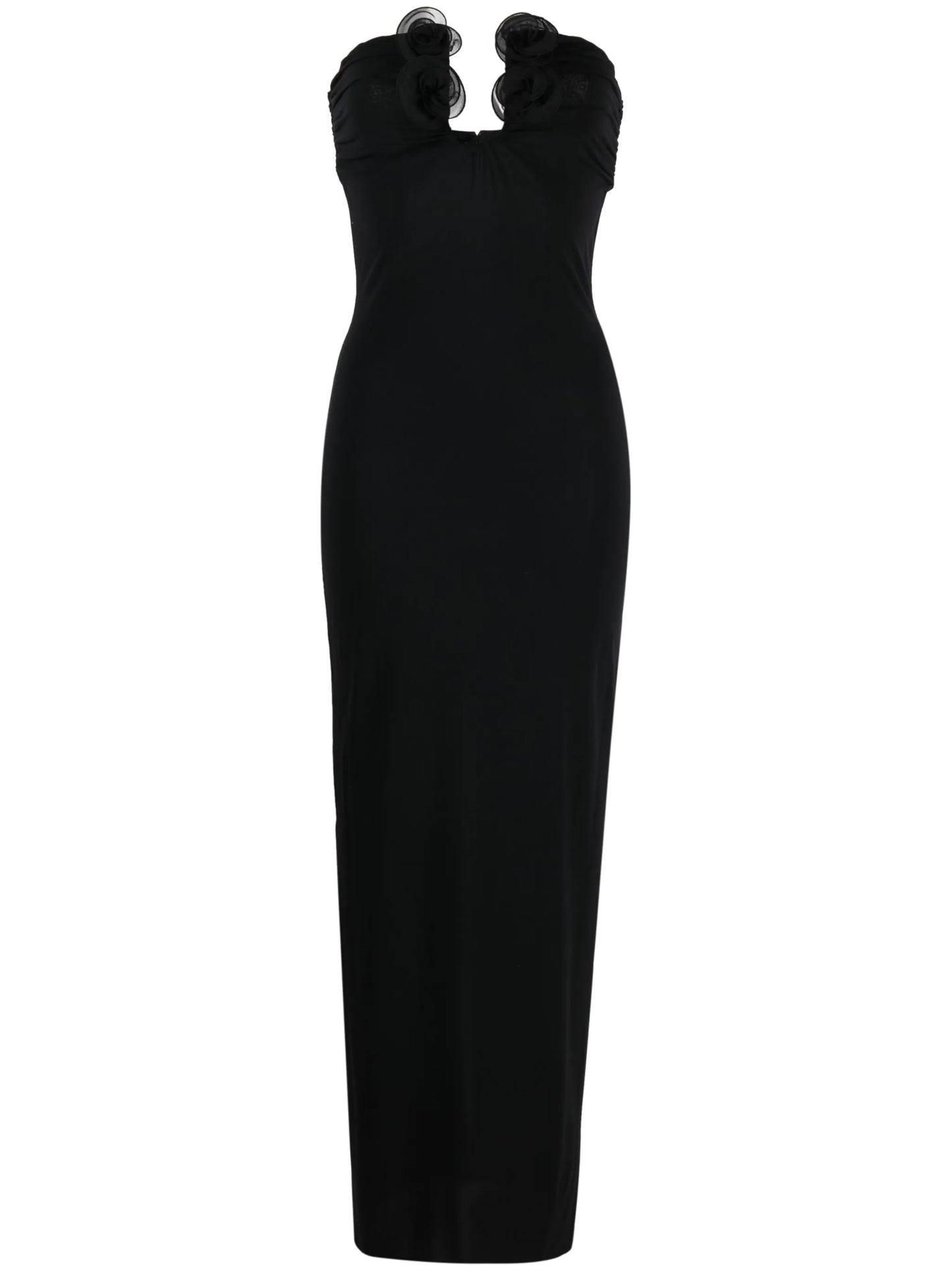 floral-appliqué strapless maxi dress