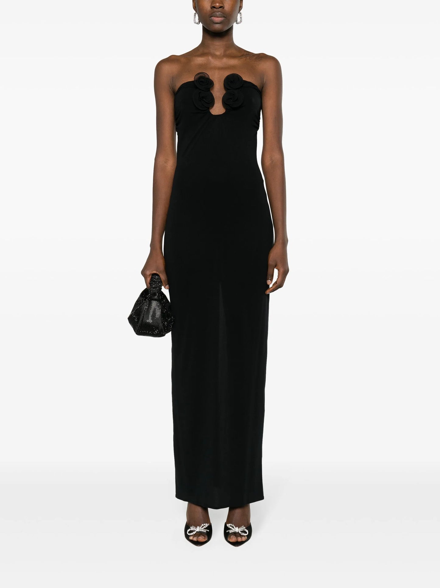 floral-appliqué strapless maxi dress
