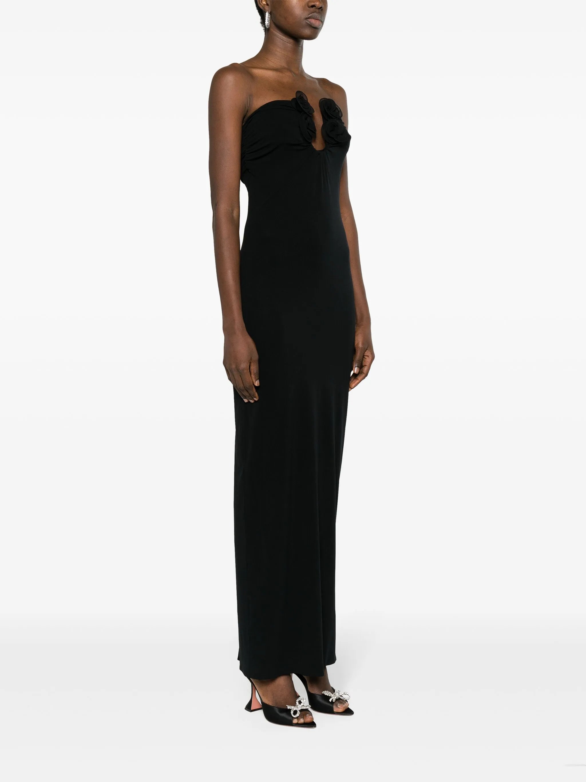 floral-appliqué strapless maxi dress