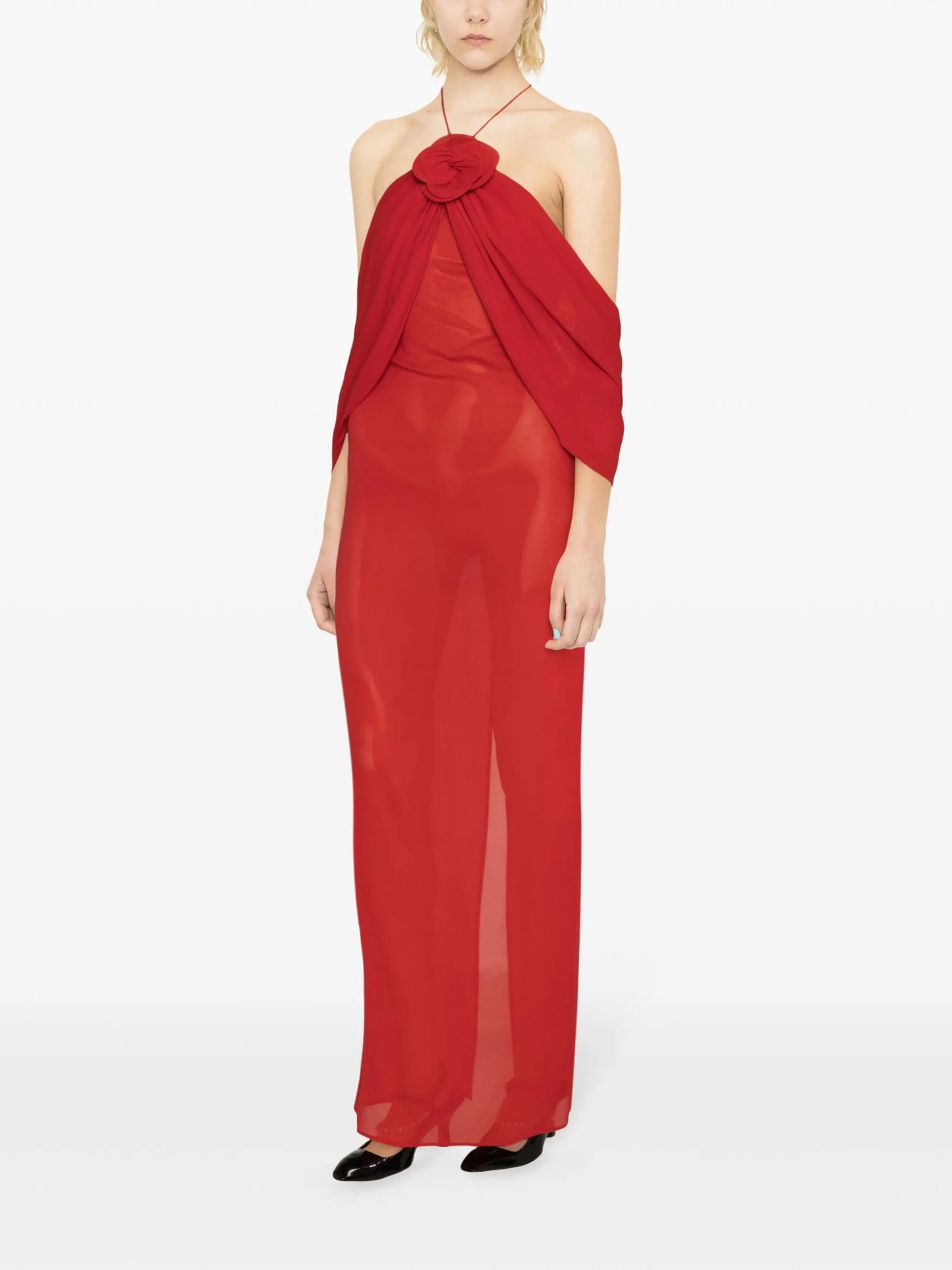 flower-appliqué silk-blend dress