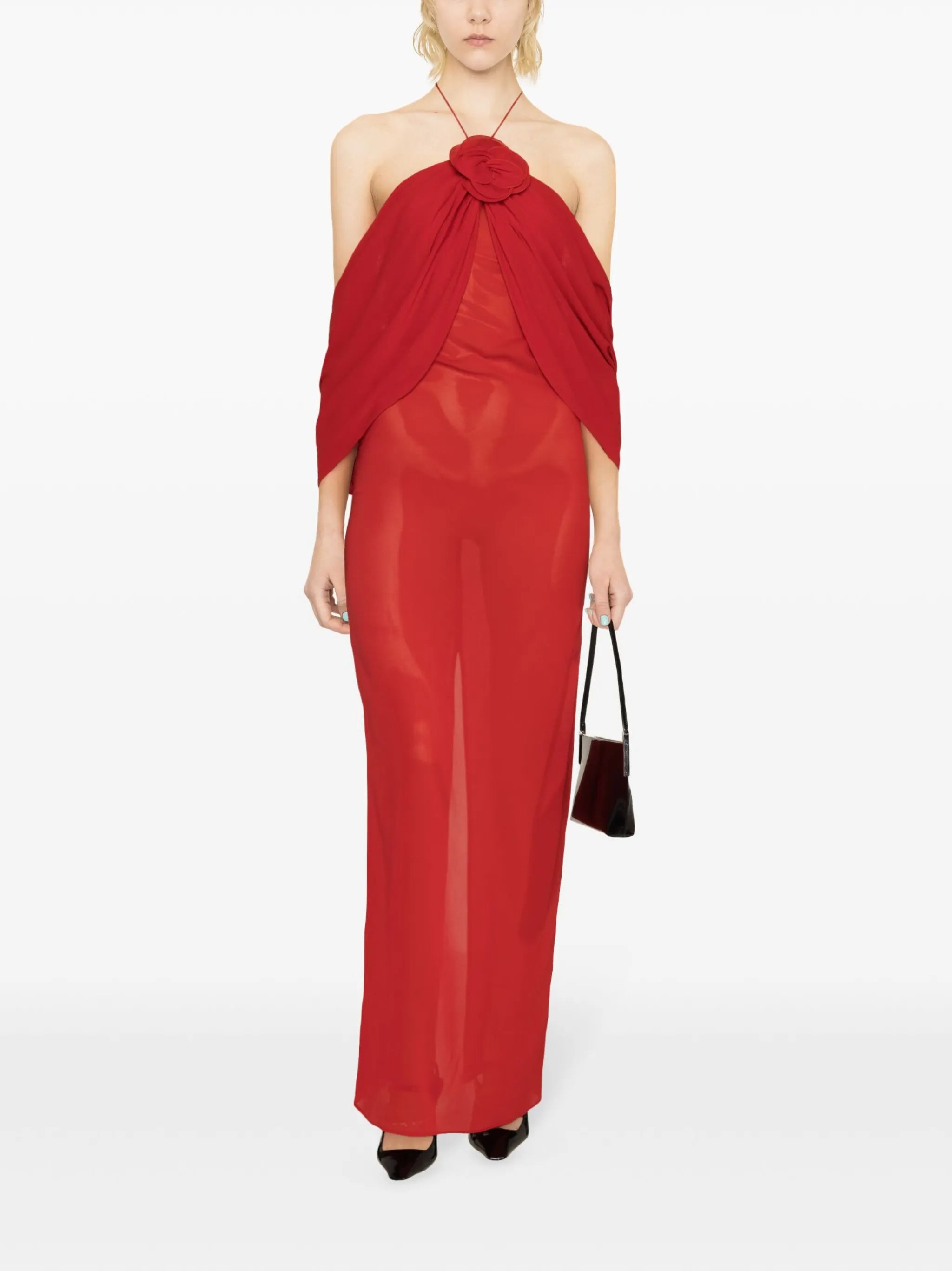 flower-appliqué silk-blend dress