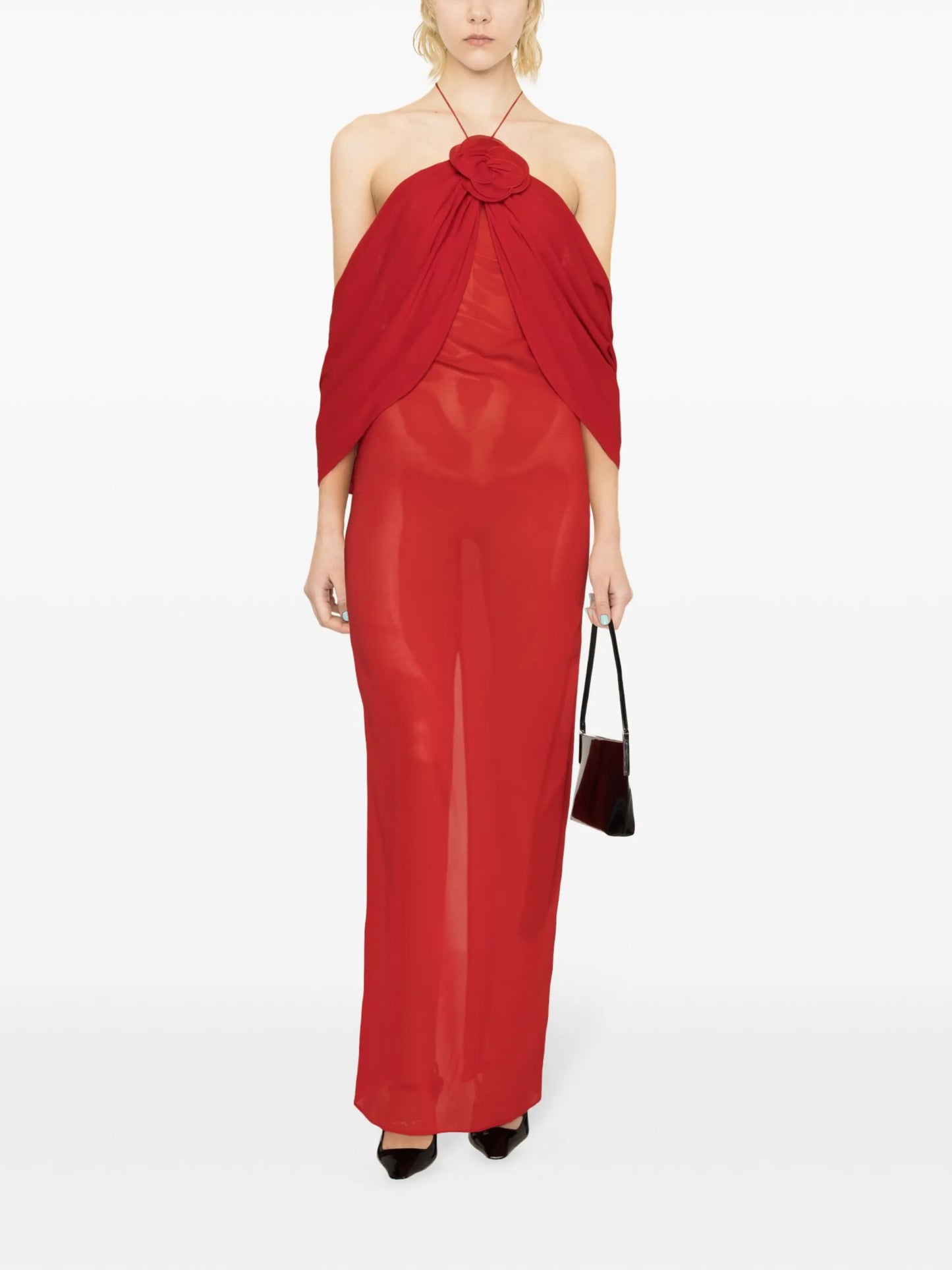 flower-appliqué silk-blend dress