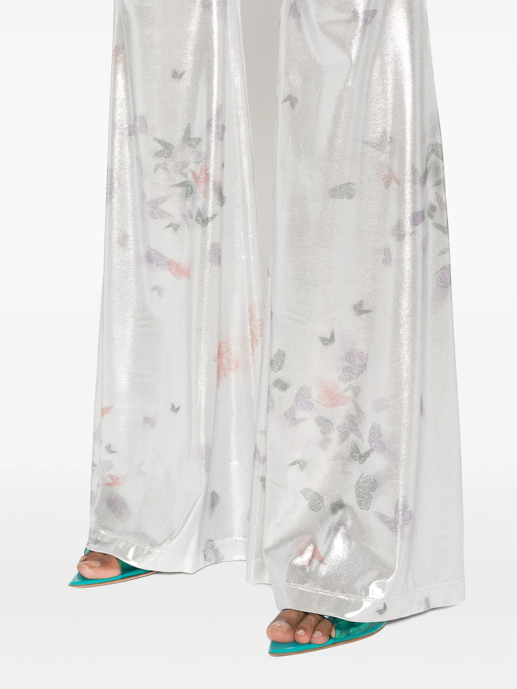 Slender laminated flared trousers