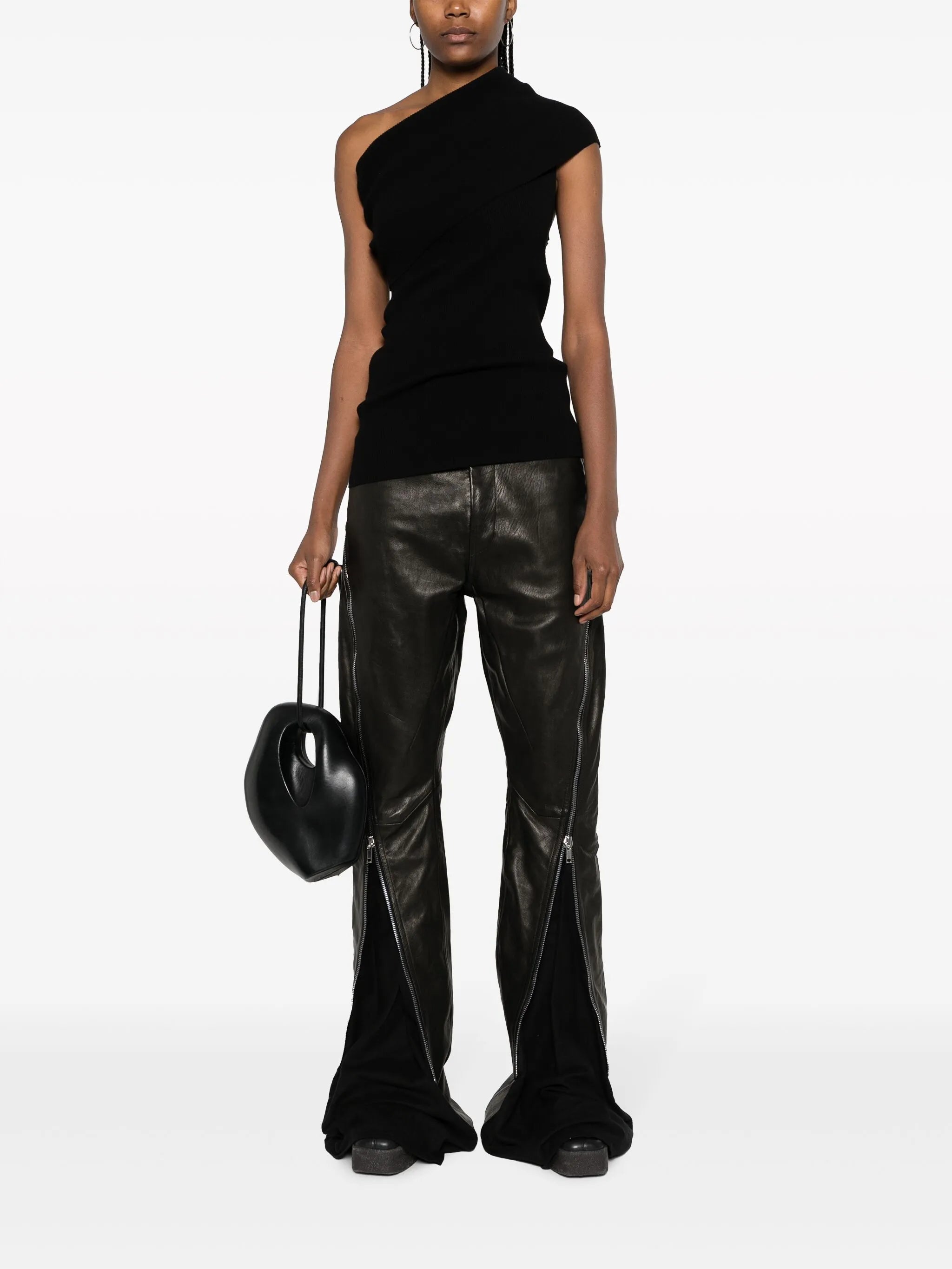 zip-up leather tapered trousers