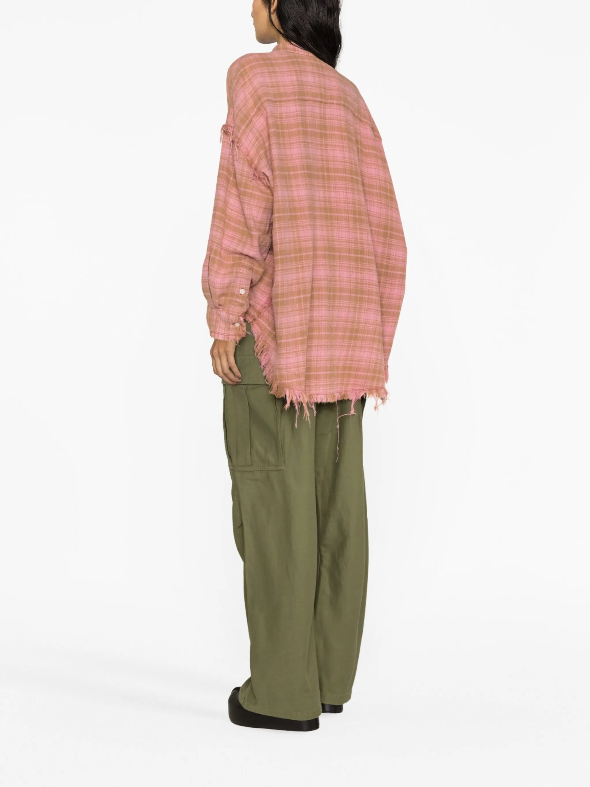 frayed check-print shirt