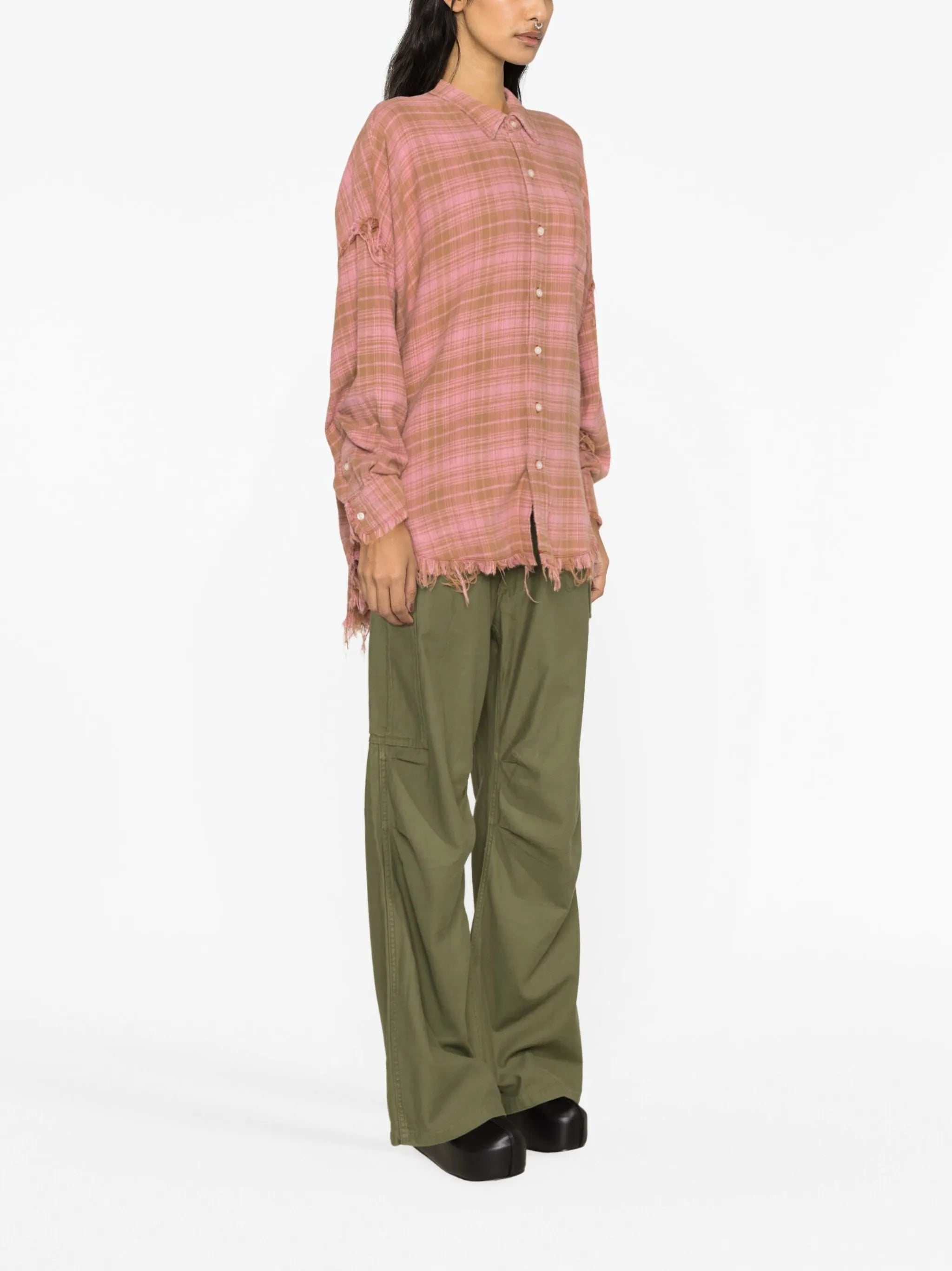 frayed check-print shirt