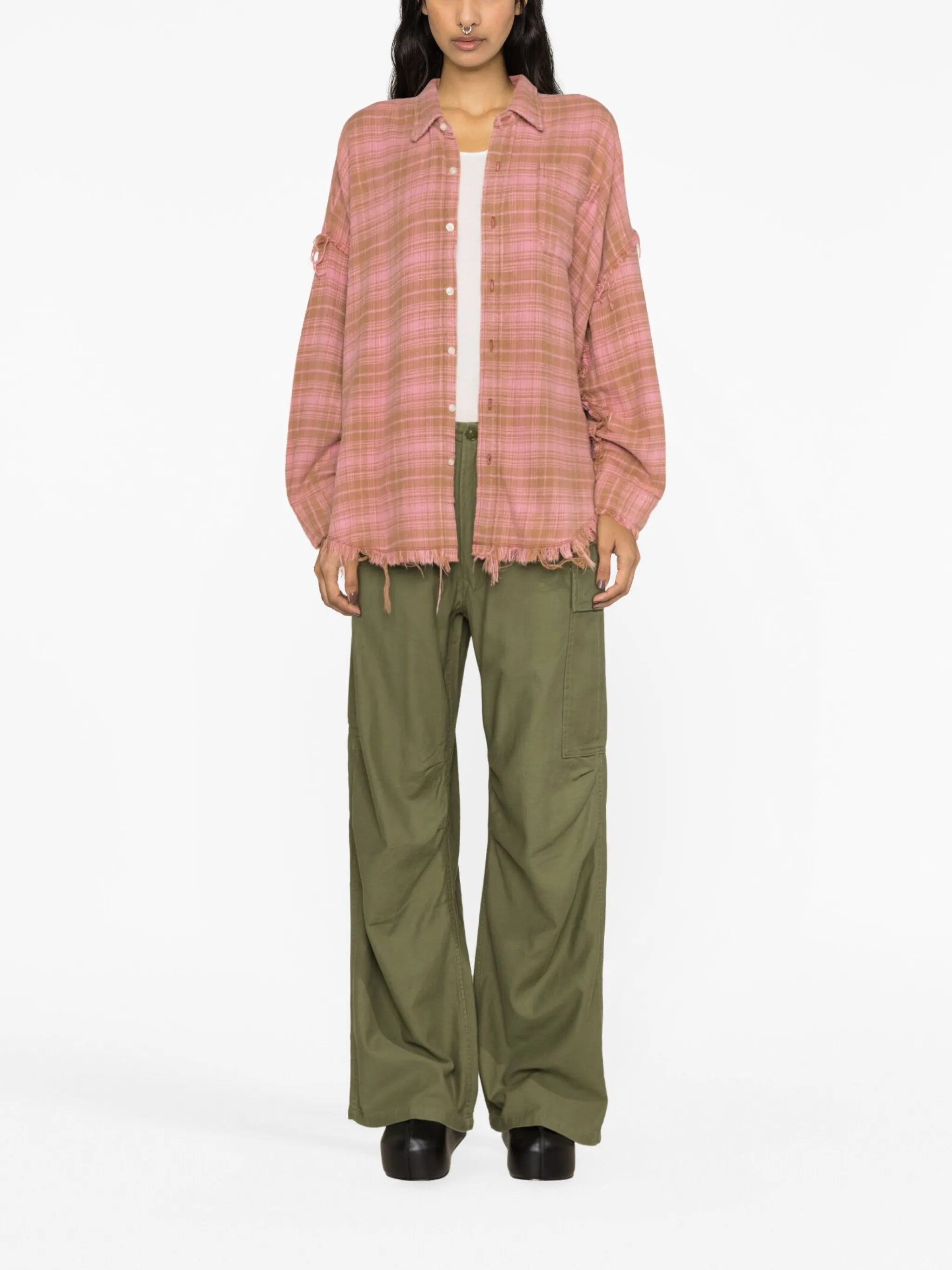 frayed check-print shirt
