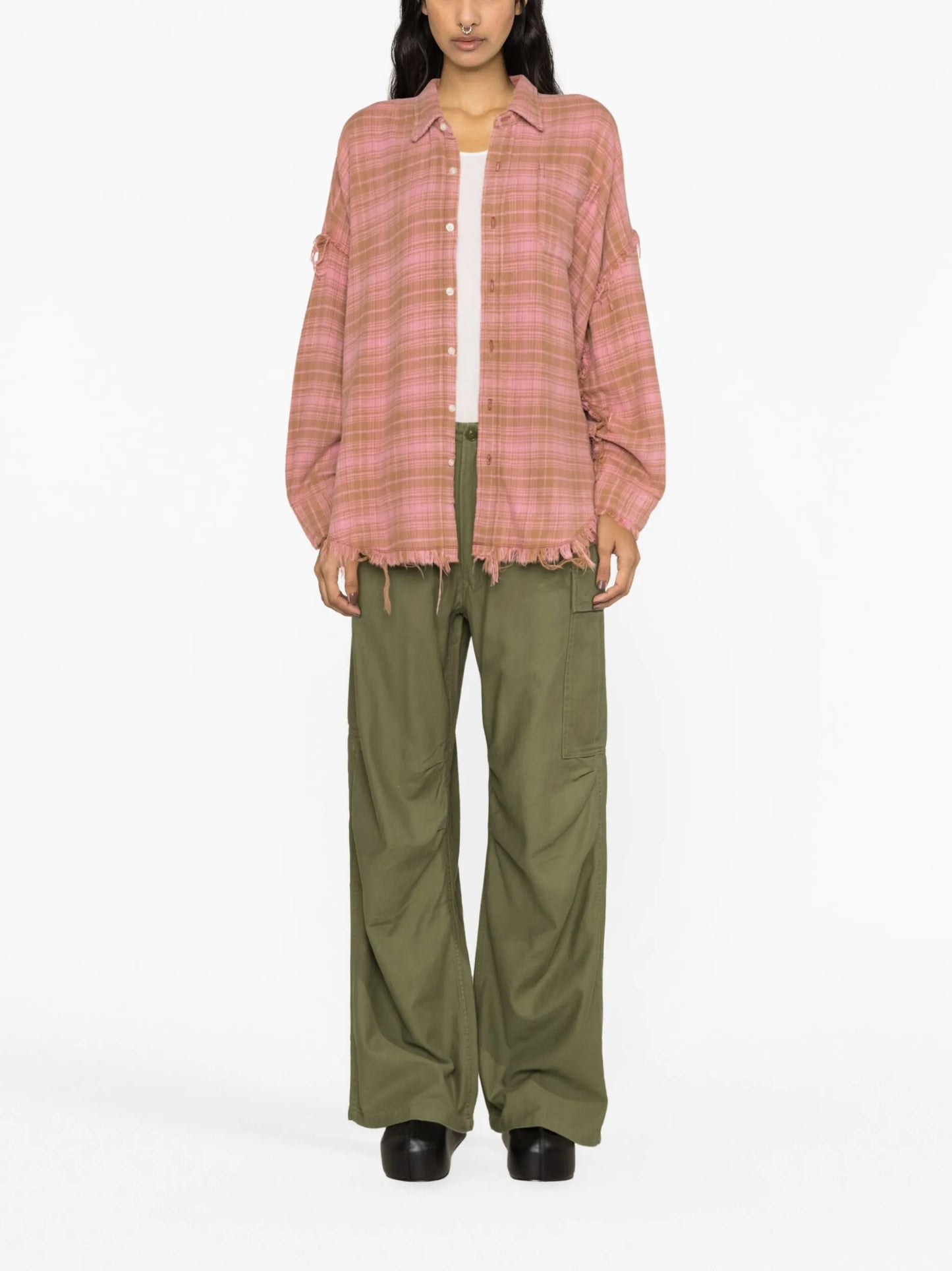 frayed check-print shirt