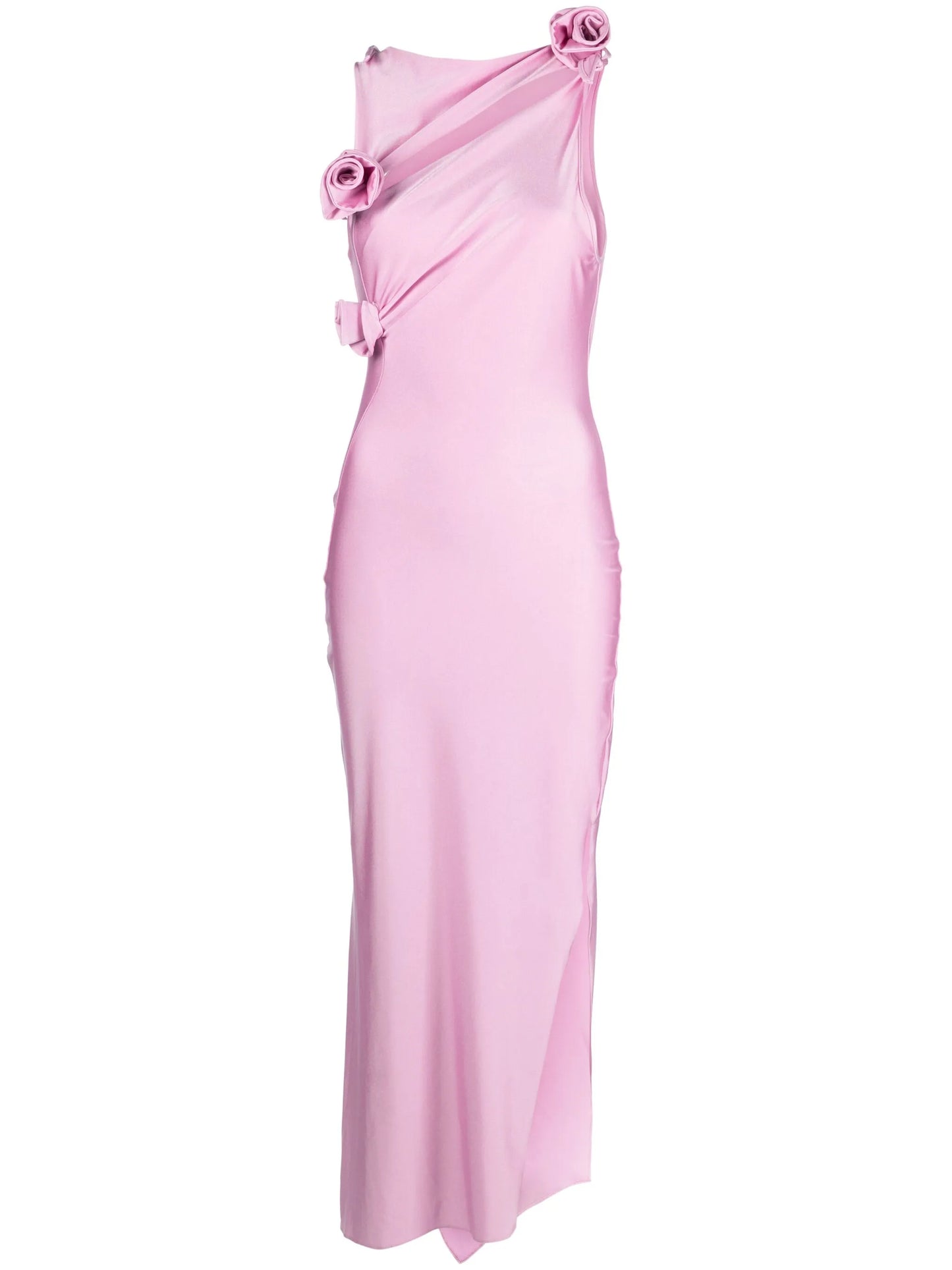 flower-appliqué cut-out gown