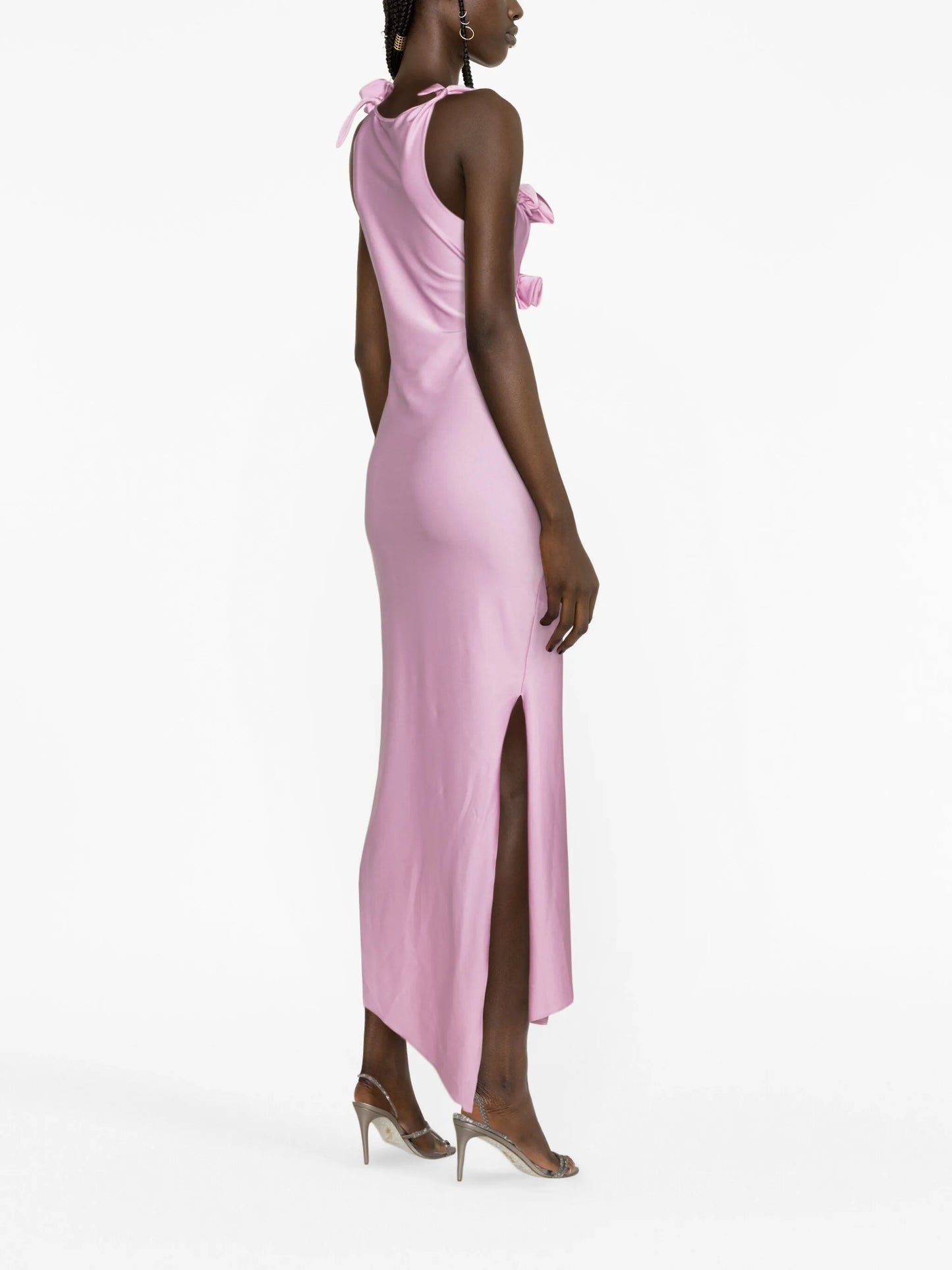 flower-appliqué cut-out gown