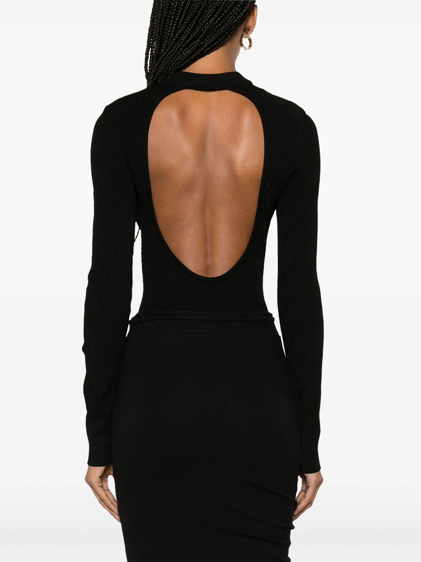 Lion-buttons open-back bodysuit
