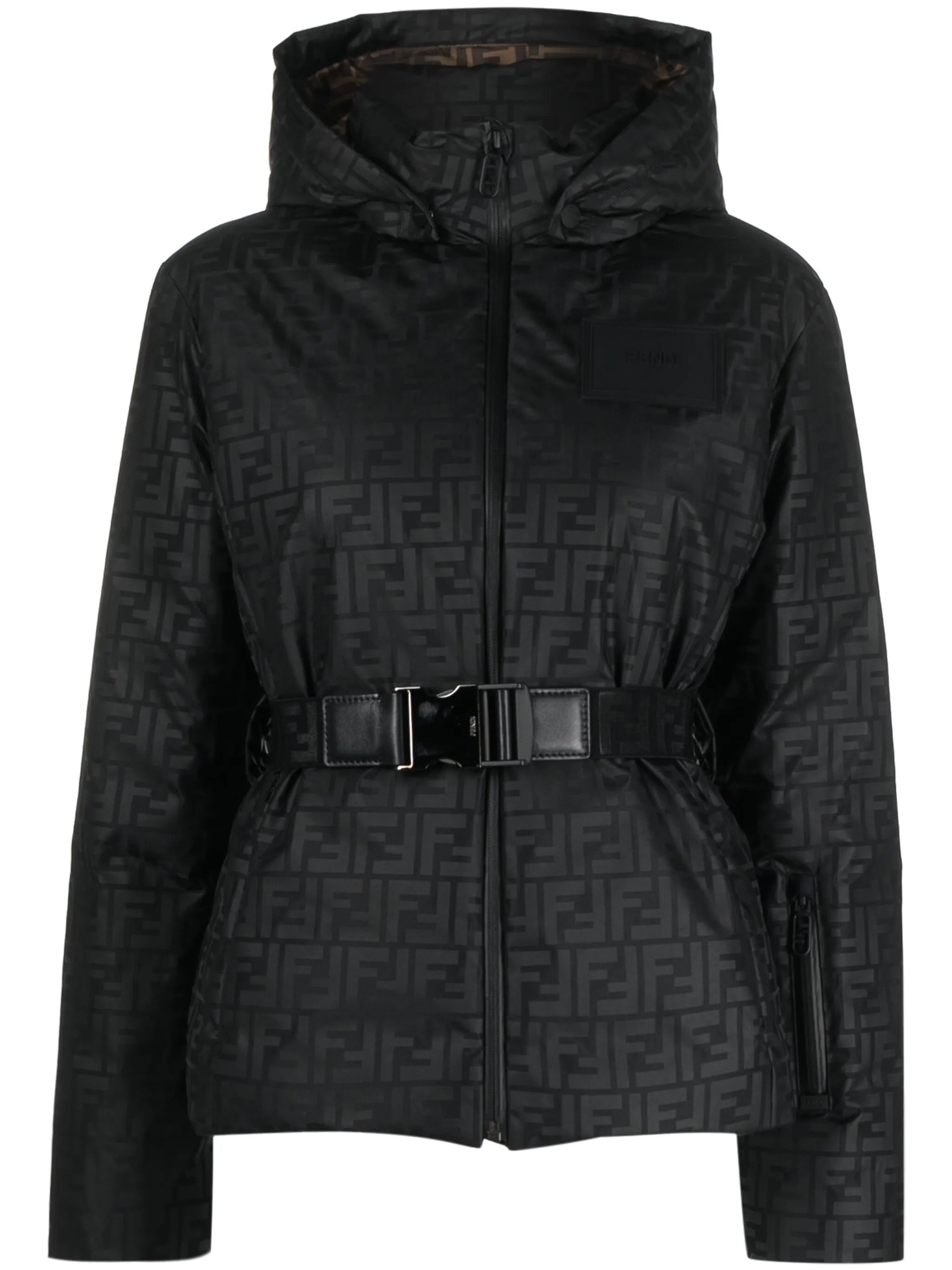 monogram-pattern hooded ski jacket