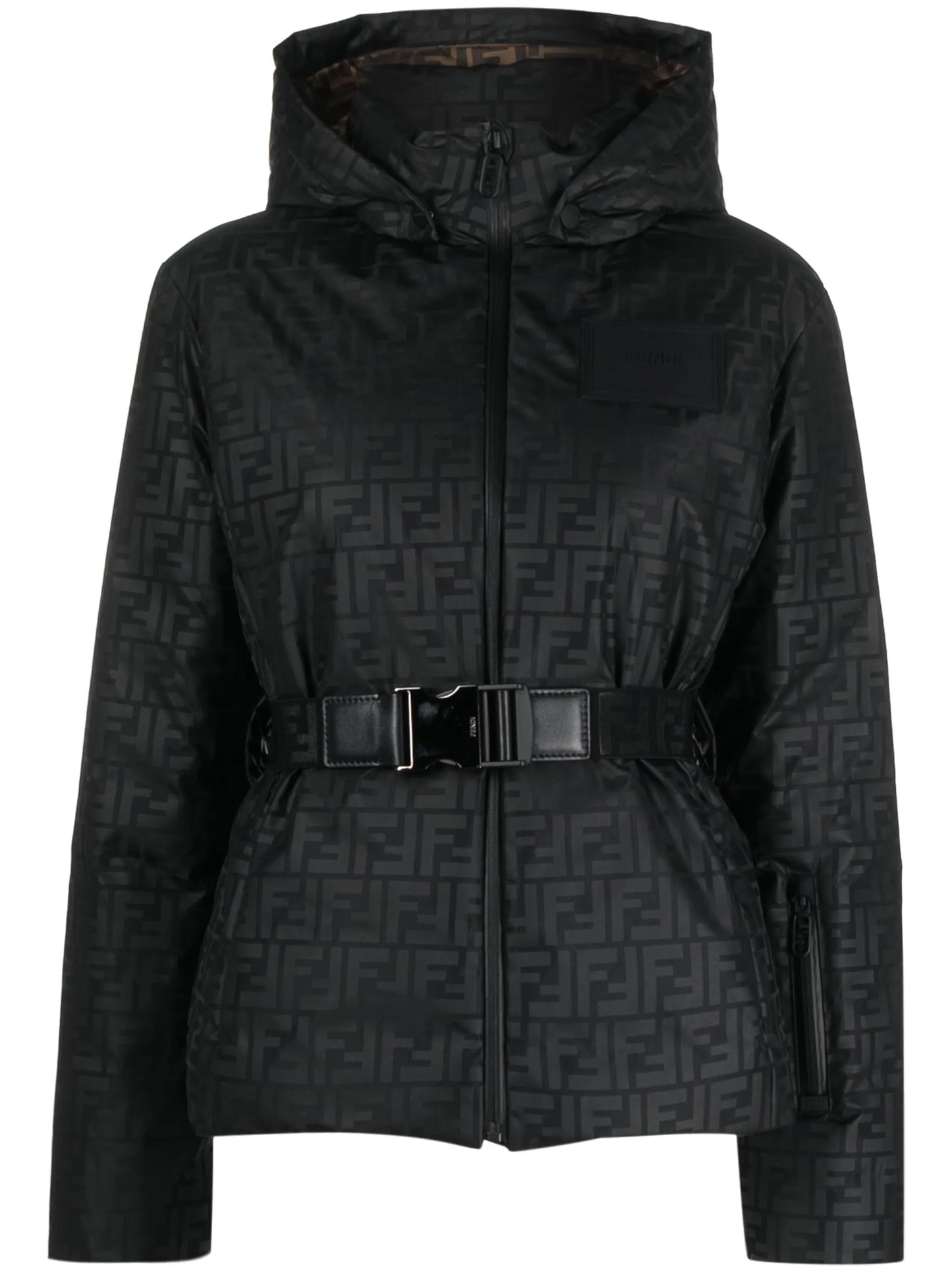 monogram-pattern hooded ski jacket
