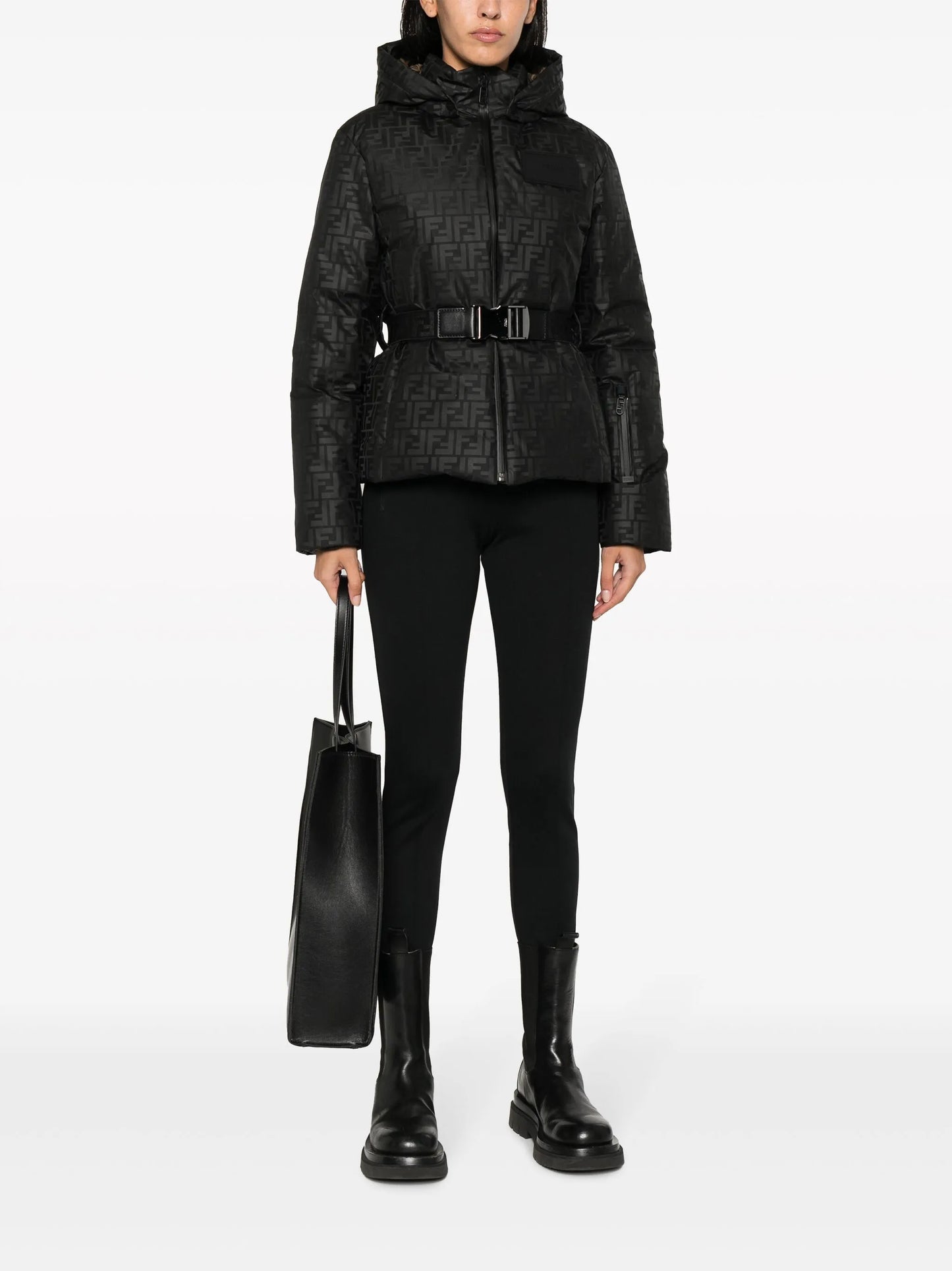 monogram-pattern hooded ski jacket