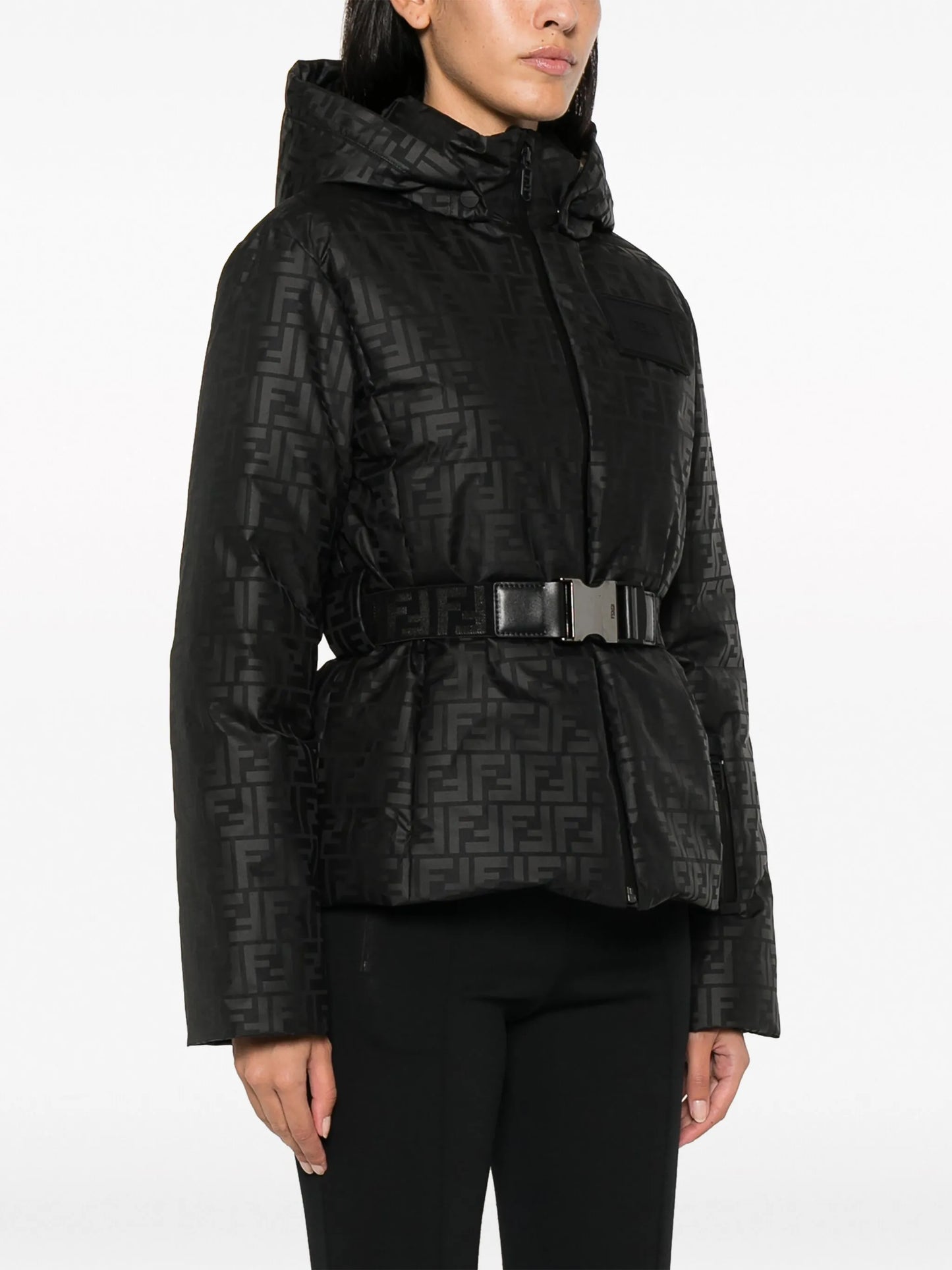 monogram-pattern hooded ski jacket