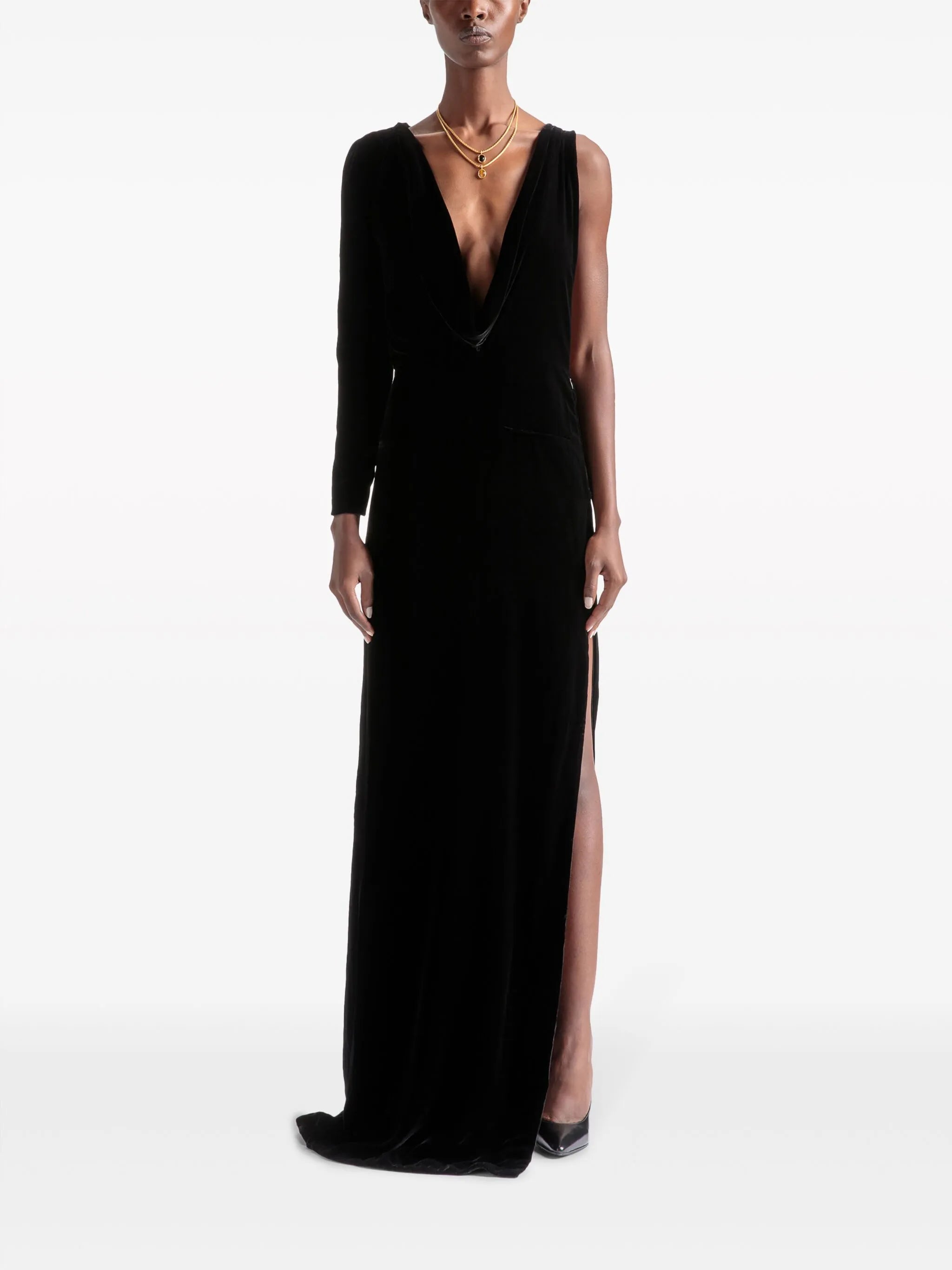 logo-lettering draped gown