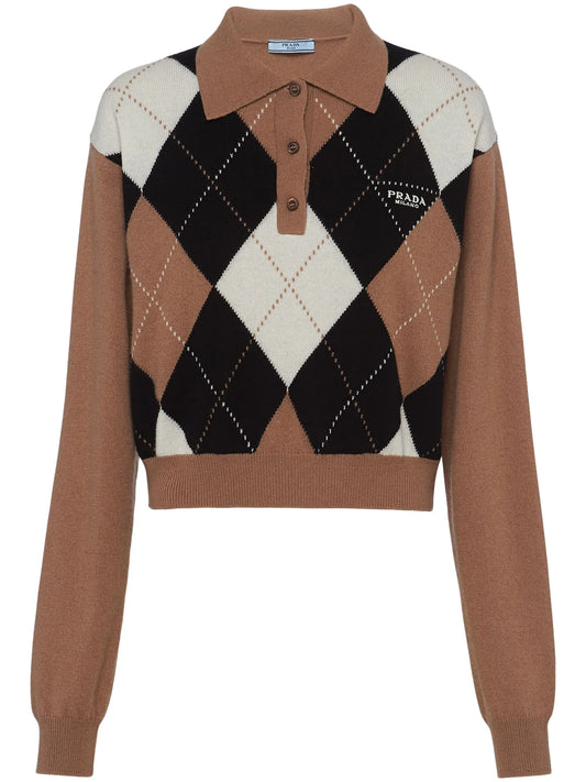 argyle-intarsia cashmere polo top