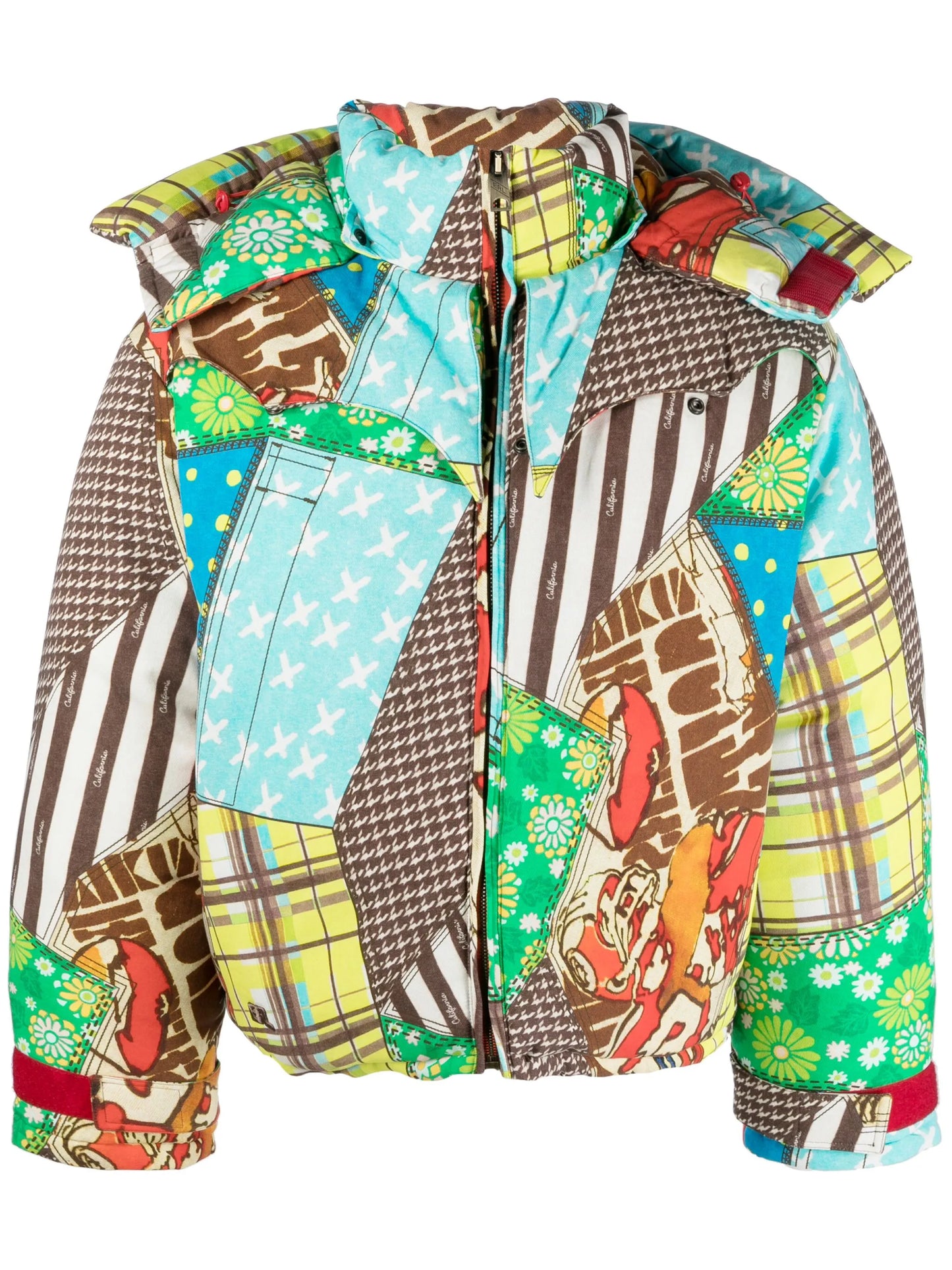 patchwork-pattern padded hooded jacket