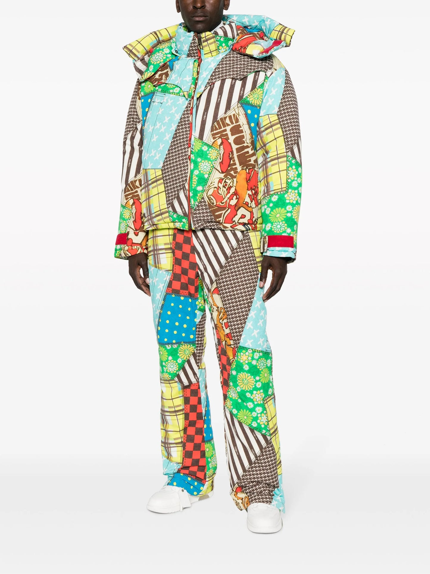 patchwork-pattern padded hooded jacket