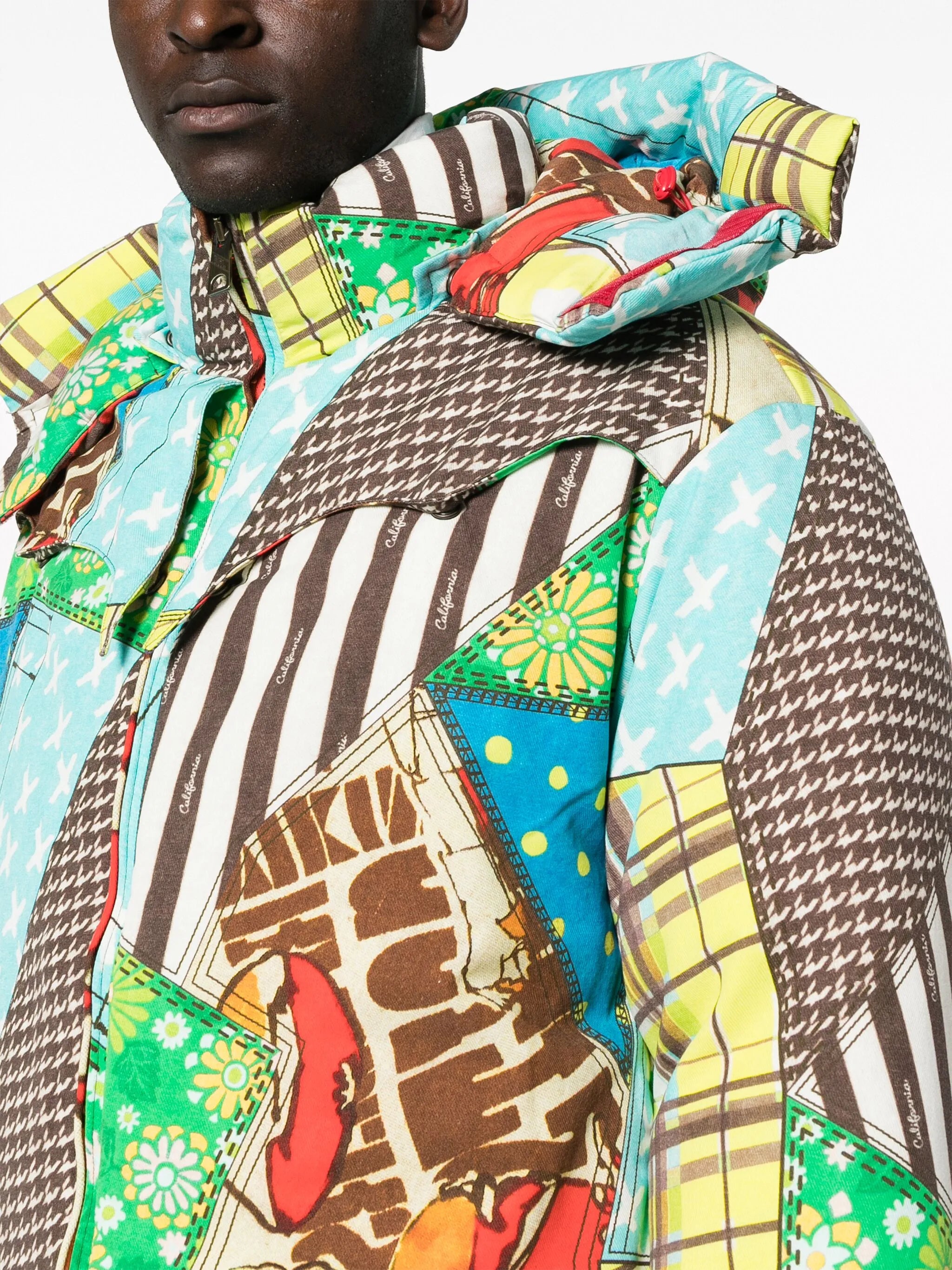 patchwork-pattern padded hooded jacket