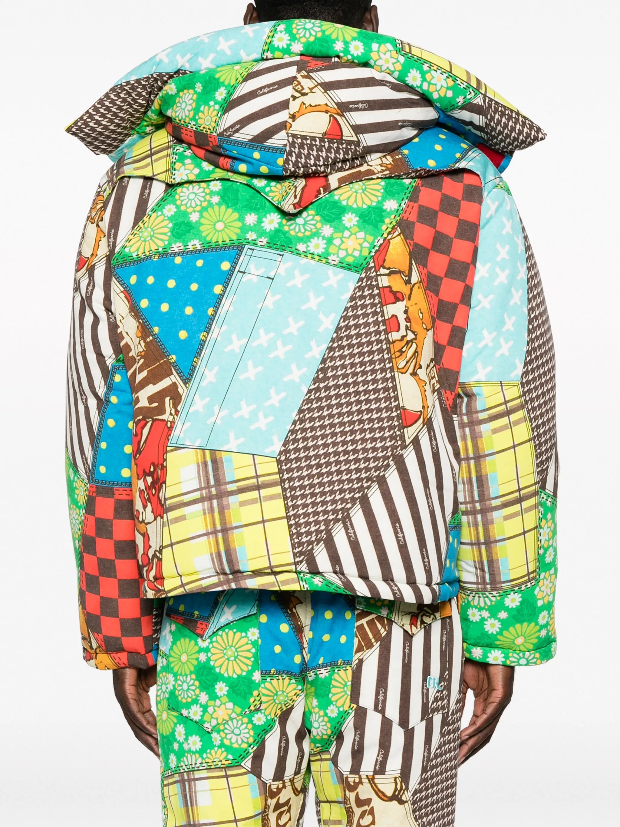 patchwork-pattern padded hooded jacket