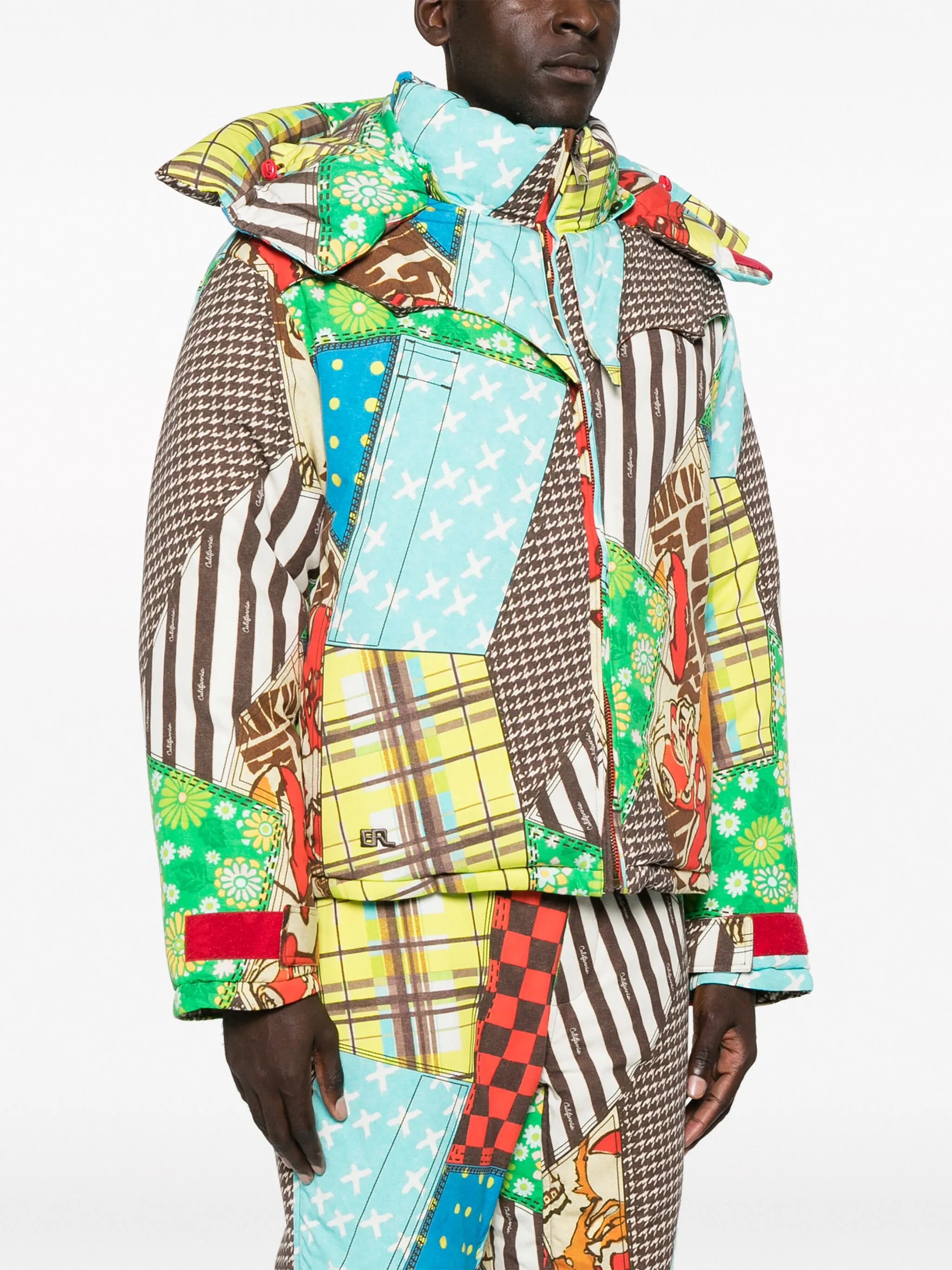patchwork-pattern padded hooded jacket