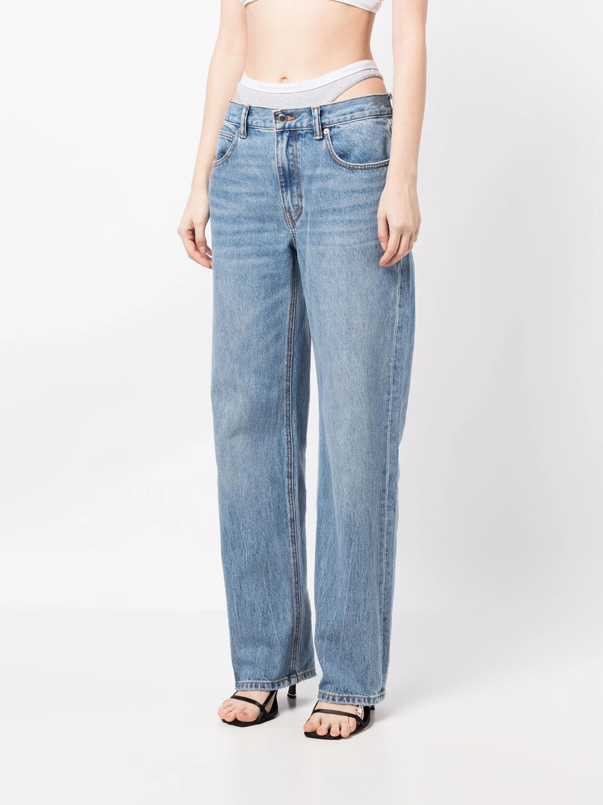 layered straight-leg jeans