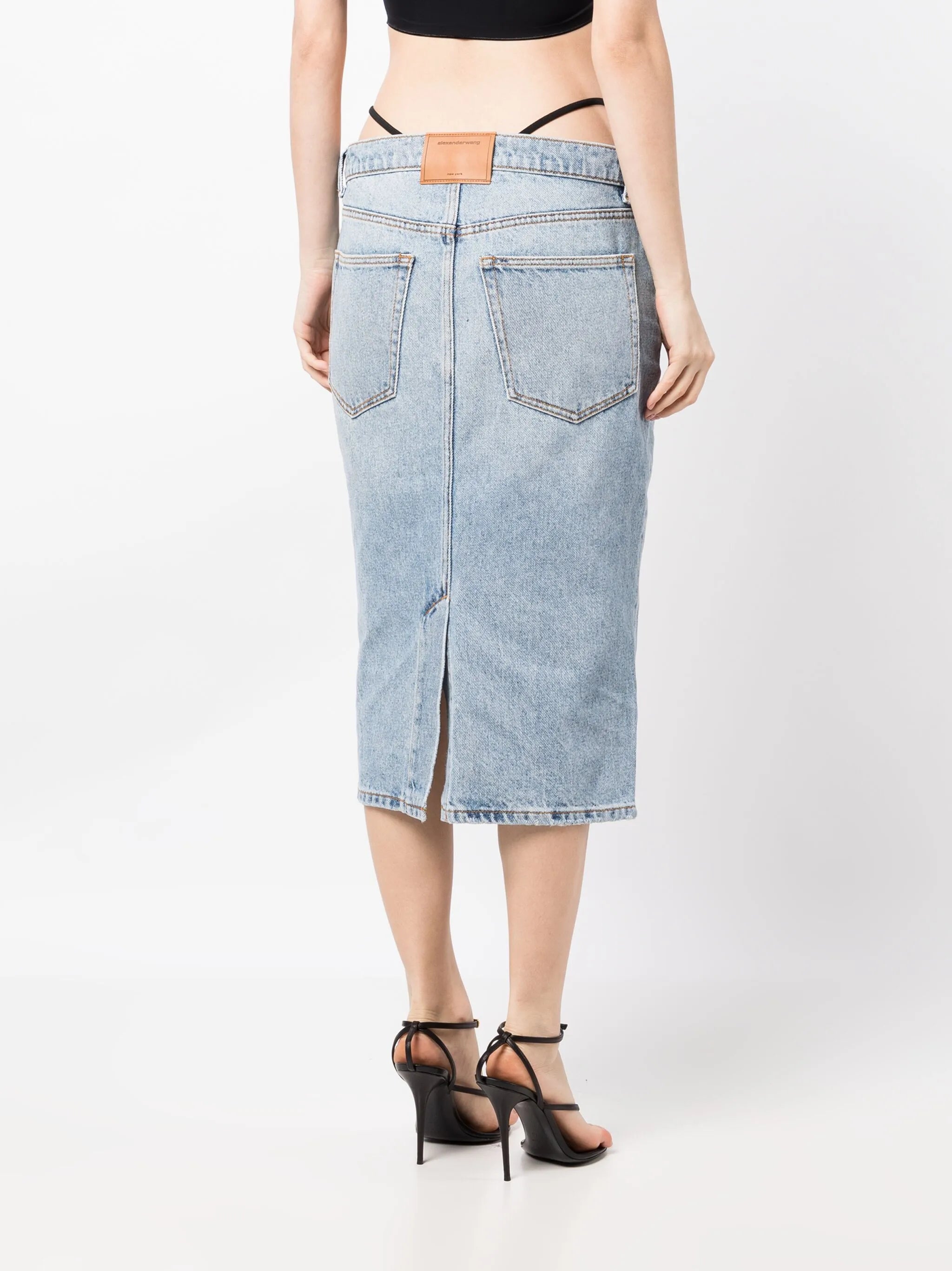 thong-strap denim midi skirt