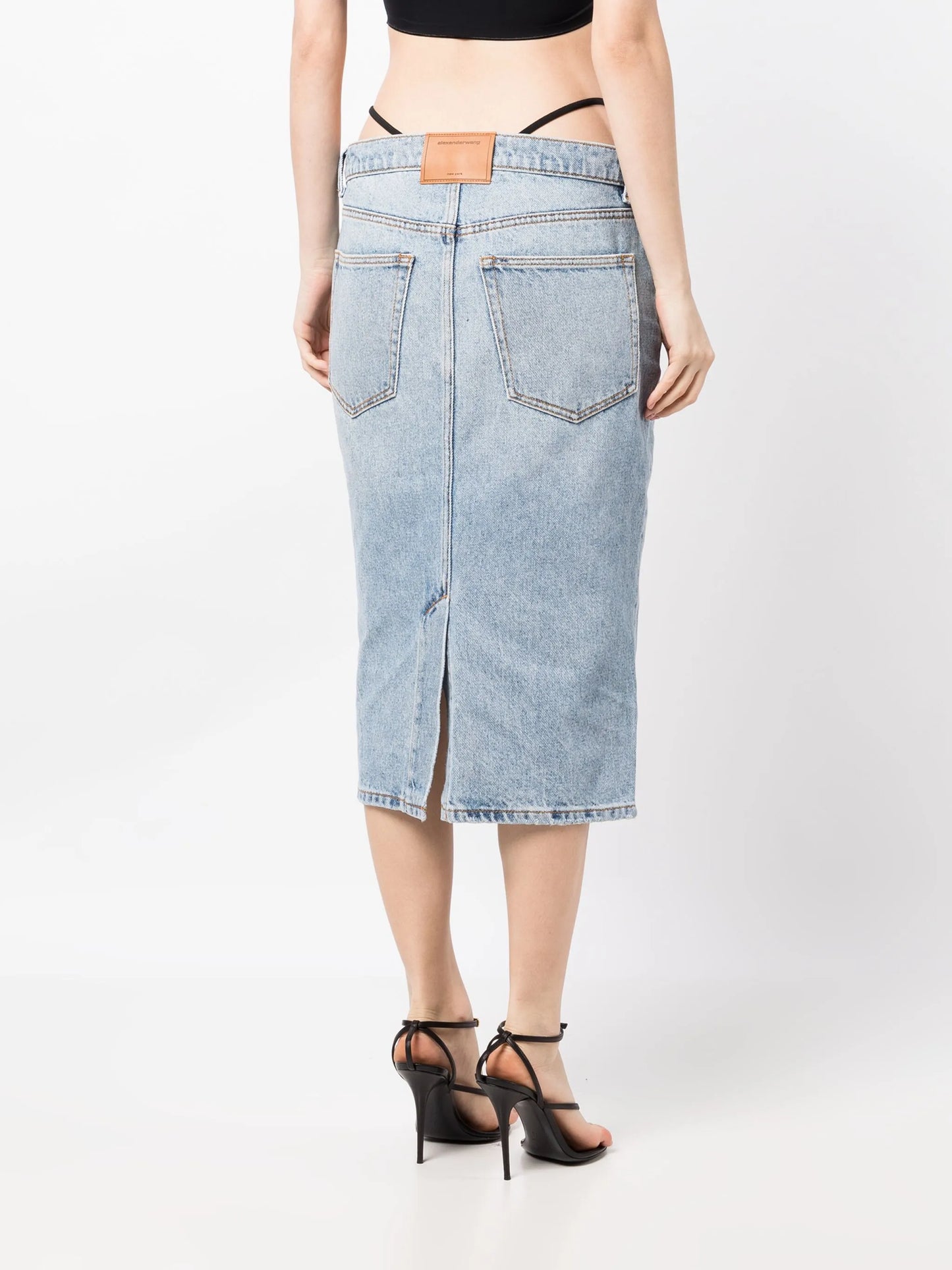 thong-strap denim midi skirt