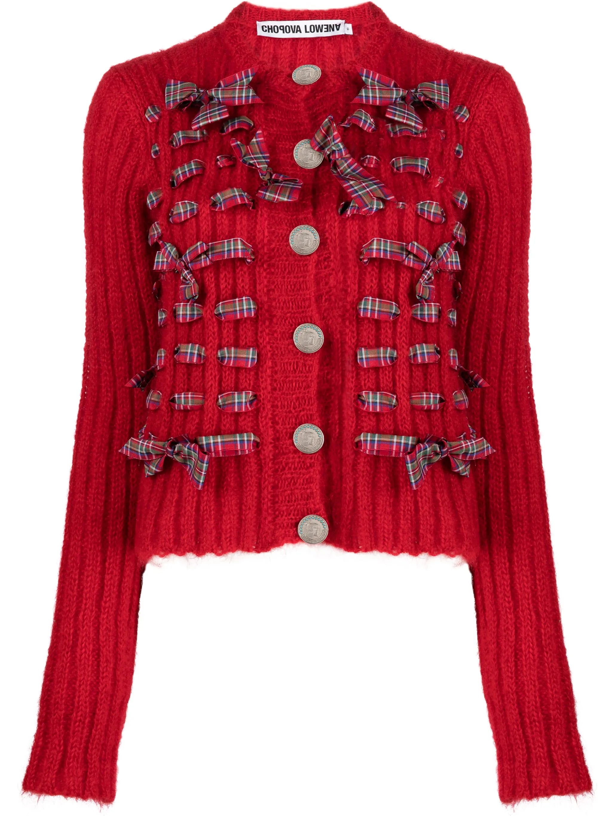 bow-detail ribbed-knit cardigan