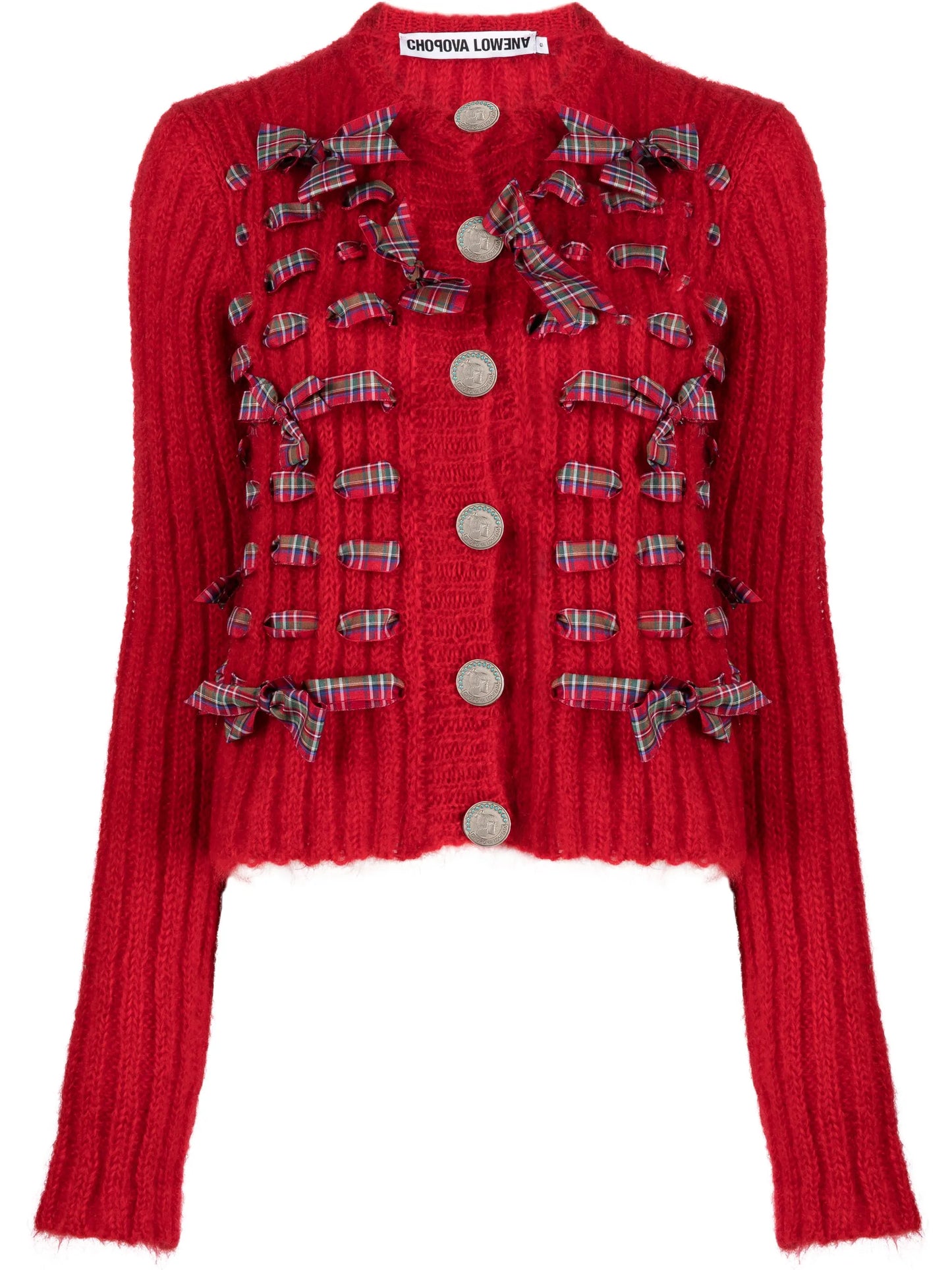 bow-detail ribbed-knit cardigan