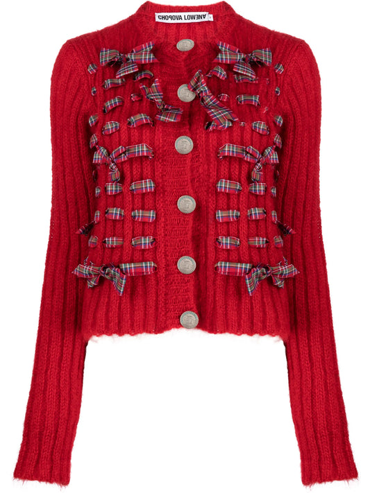 bow-detail ribbed-knit cardigan