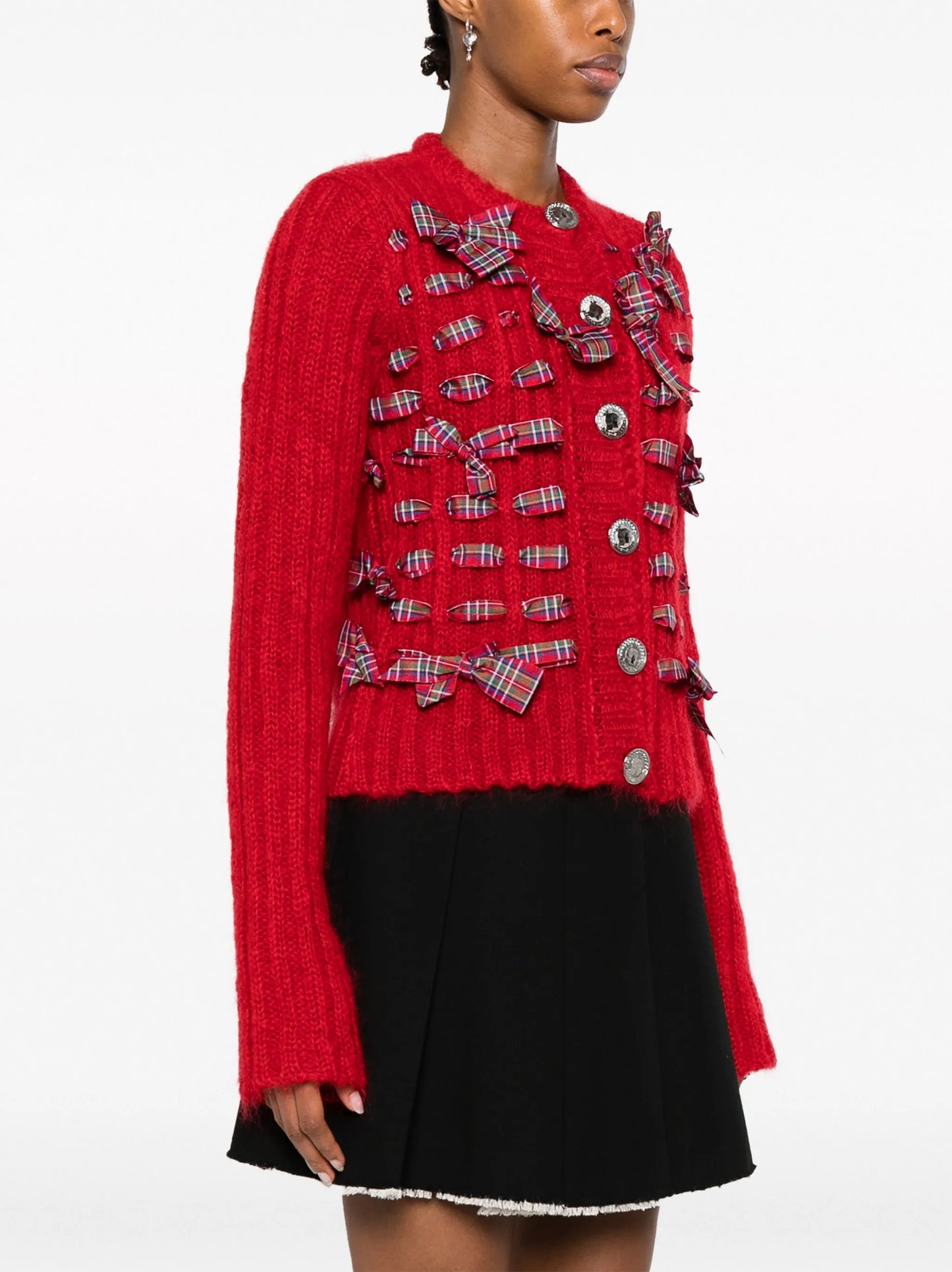 bow-detail ribbed-knit cardigan