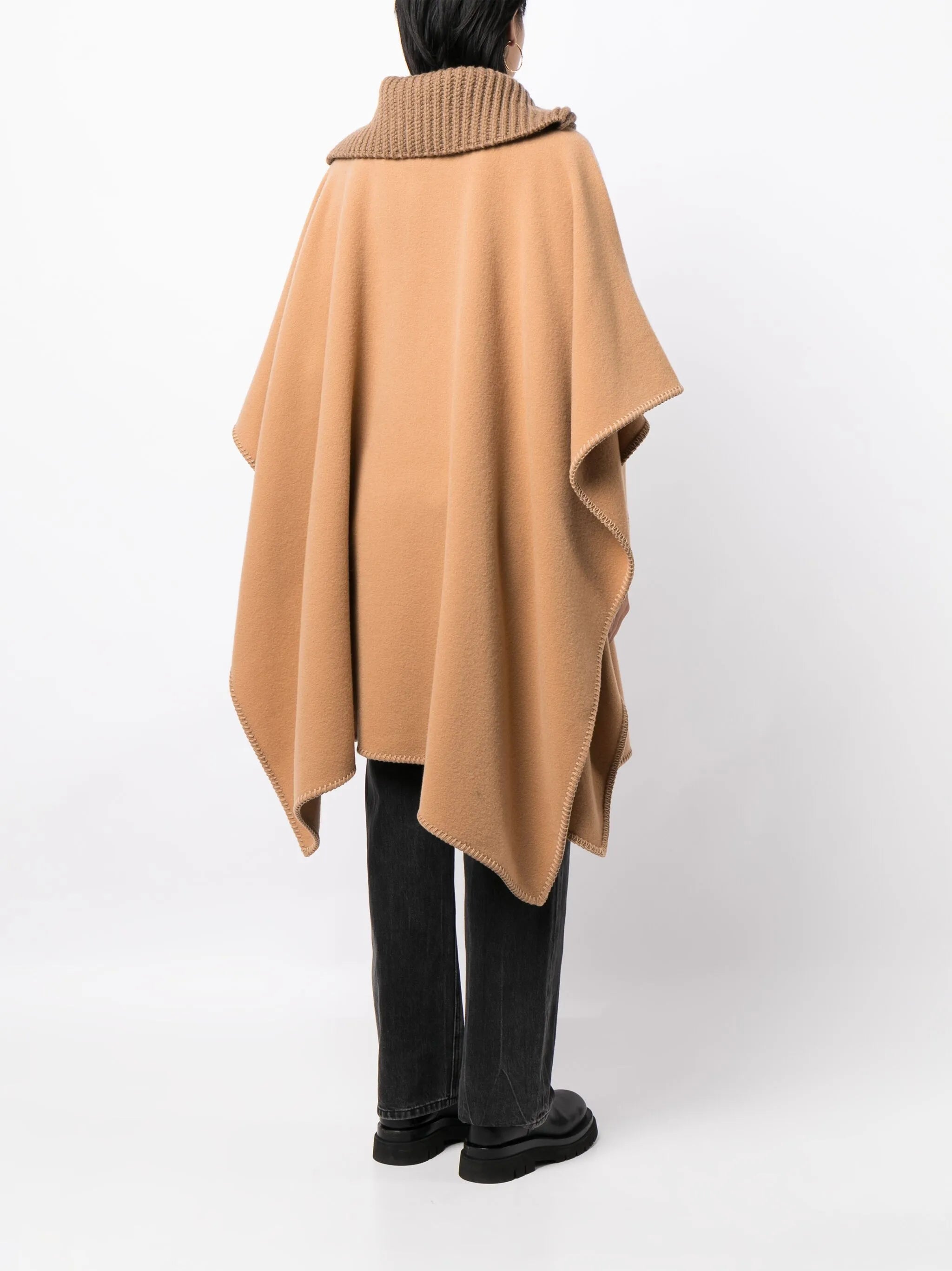 ribbed-collar wool cape coat